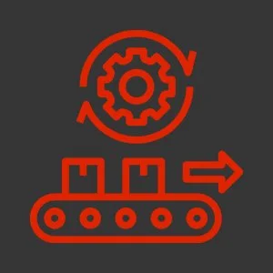 Symbol einer Produktions- oder Automatisierungsanlage mit Zahnrad und Förderband, Pfeil nach rechts