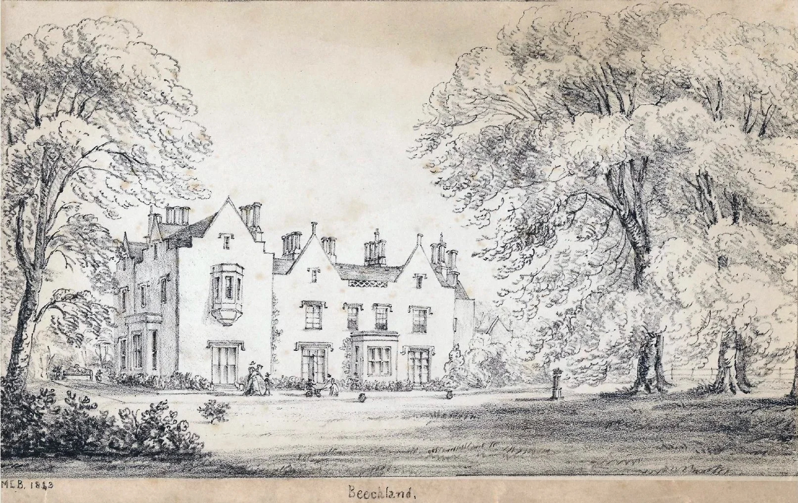 A black and white sketch of a large house called Beechland, surrounded by tall trees and a grassy lawn, with people and a dog in front.