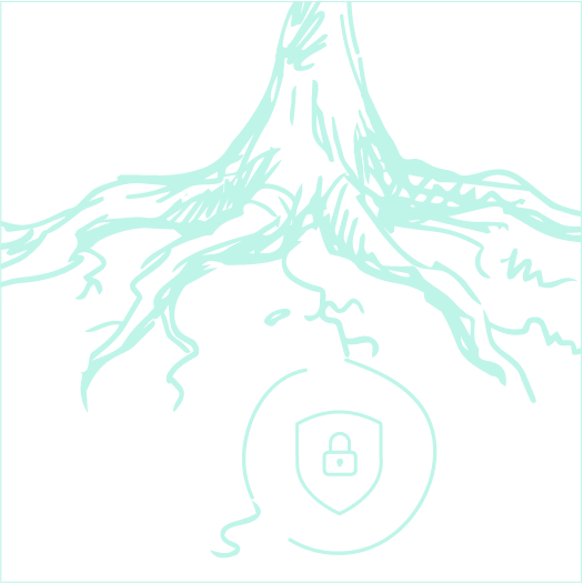 Ilustración de raíces de un árbol con un candado y escudo de seguridad, simbolizando protección o seguridad de datos o sistemas.
