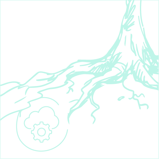 Ilustración de raíces de árbol con elemento de engranaje, simbolizando conexión o crecimiento técnico-natural.