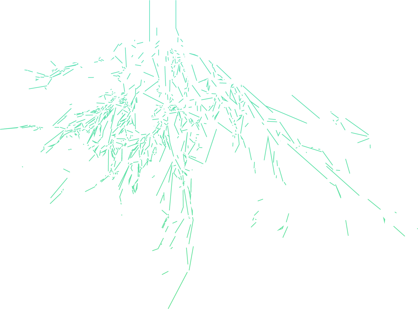 Ilustración digital de una mosca con líneas de luz celestes sobre fondo negro.