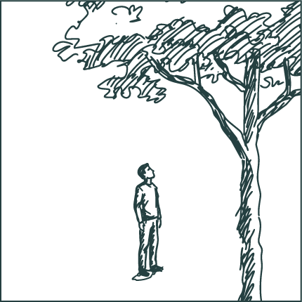 Ilustración de una persona de pie bajo un árbol, en un fondo oscuro y con líneas simples.