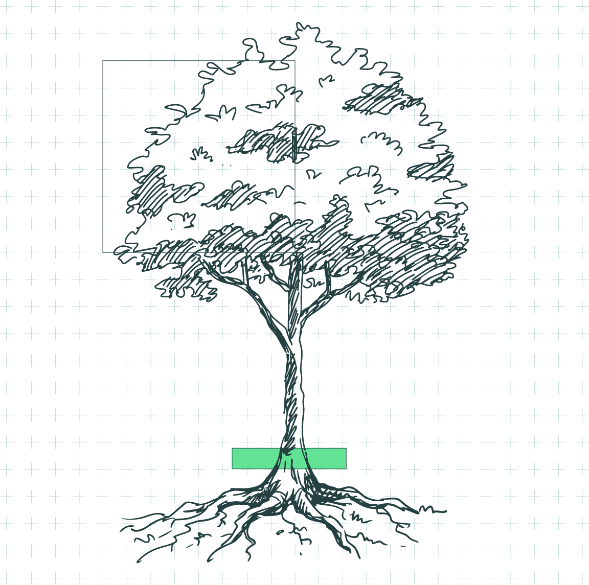 Ilustración de un árbol con raíces y follaje, dibujado en estilo esquemático con líneas y sombreado.