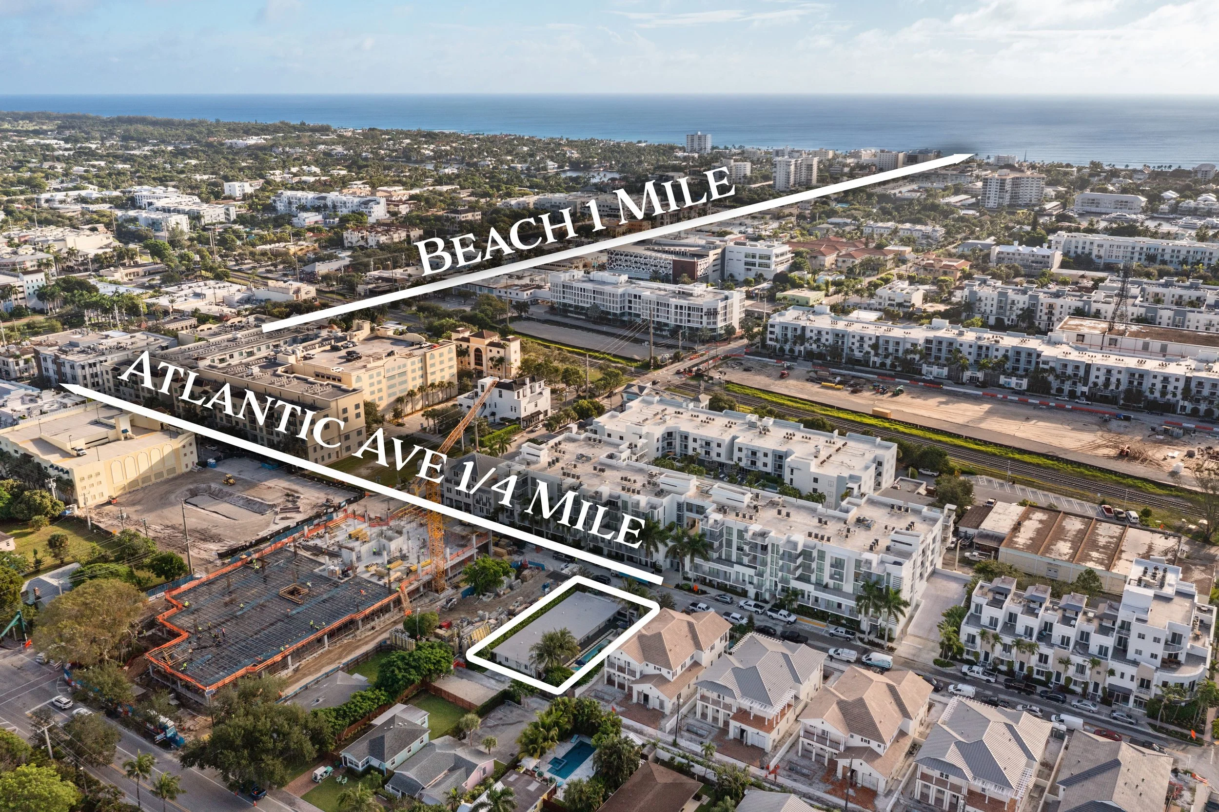Aerial view of a coastal city with labels pointing to Beach 1 Mile away and Atlantic Ave 1/4 Mile away; construction site, residential buildings, and roads visible in the foreground and midground with the ocean in the background.