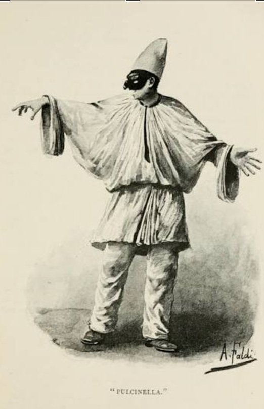 A black and white illustration of a person in traditional costume with a mask, wearing a tunic and loose pants, standing with arms extended.