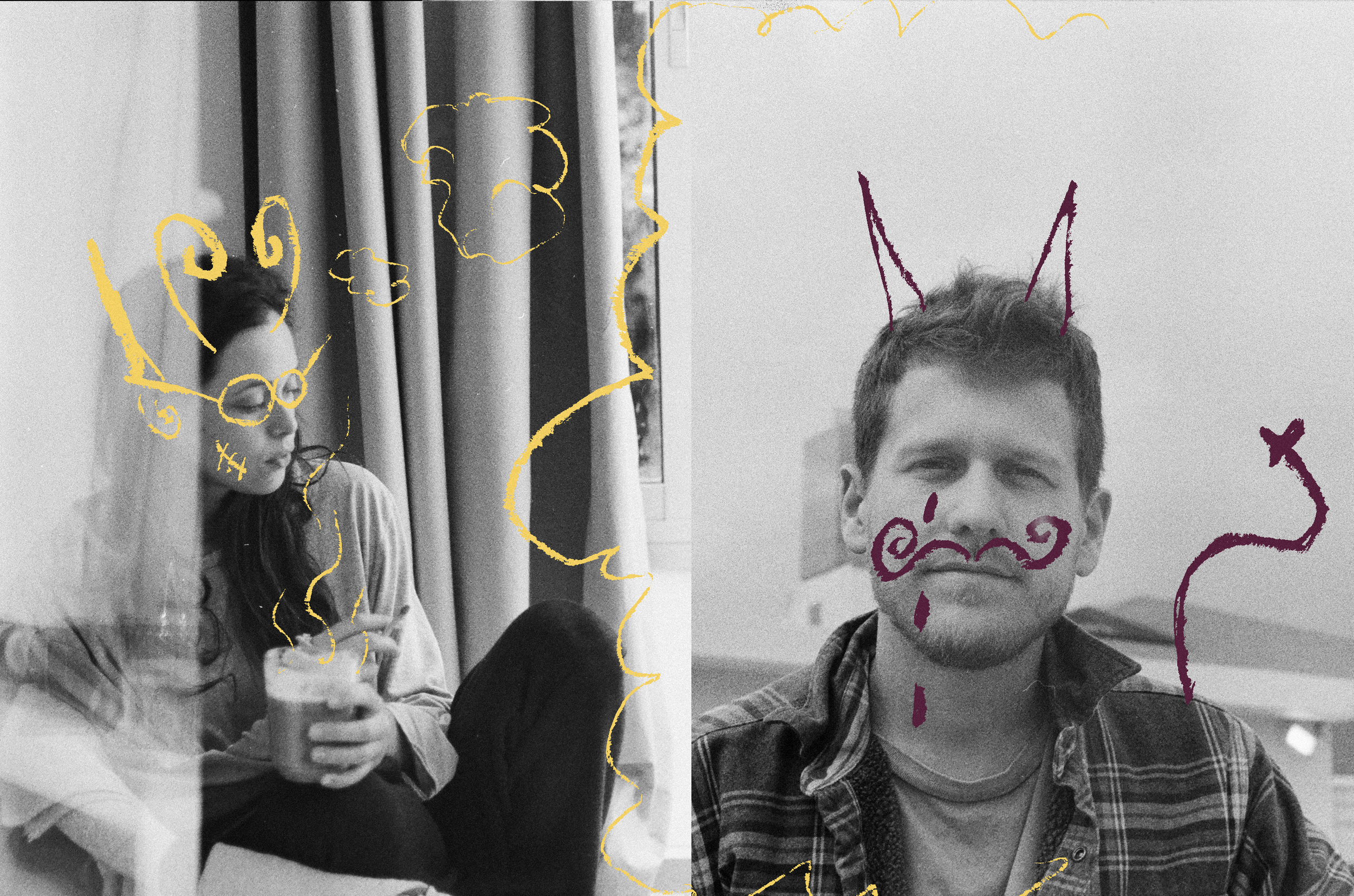 A black and white photo split into two sections showing a woman on the left and a man on the right. The woman is sitting indoors, wearing glasses, holding a drink, with doodles of glasses, swirls, and clouds in yellow above her head. The man is outdoors, facing forward, with doodles of cat ears, a mustache, and a tail in purple around his head.