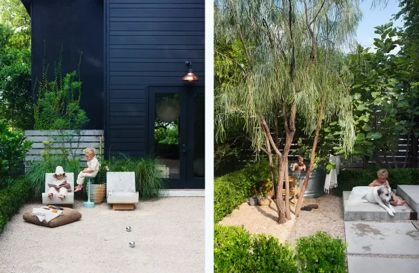 Set against a dark architectural backdrop, the courtyard balances structure with softness. Gravel underfoot, sculpted plantings, and simple furnishings create a grounded, contemplative space where light, texture, and daily life intersect naturally.