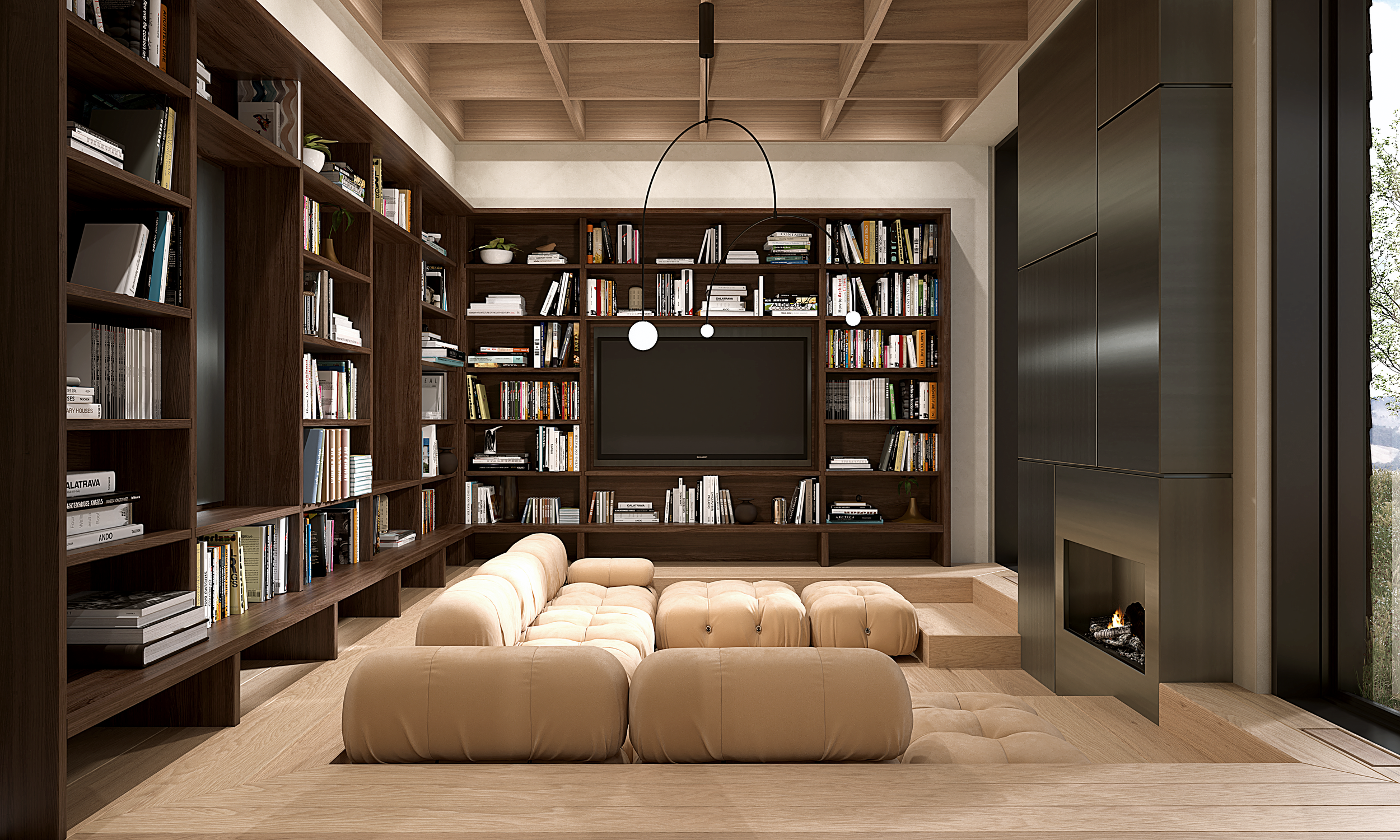 
The library is conceived as a quiet retreat — a space defined by warmth, texture, and intention. Custom millwork, layered lighting, and tailored seating create an atmosphere of focus and calm. Designed to encourage pause, reflection, and conversatio