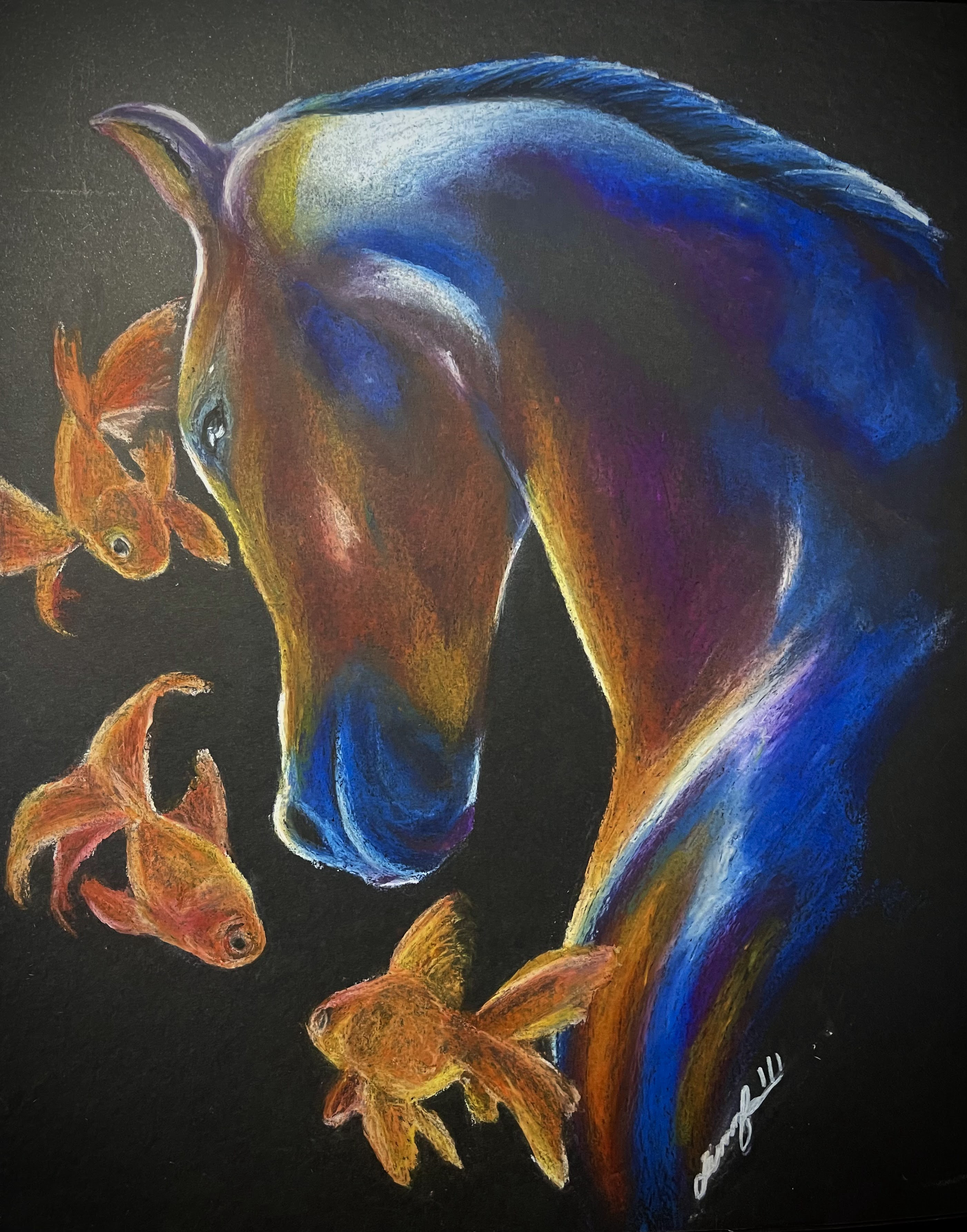 Colorful painting of a horse surrounded by goldfish on a black background.