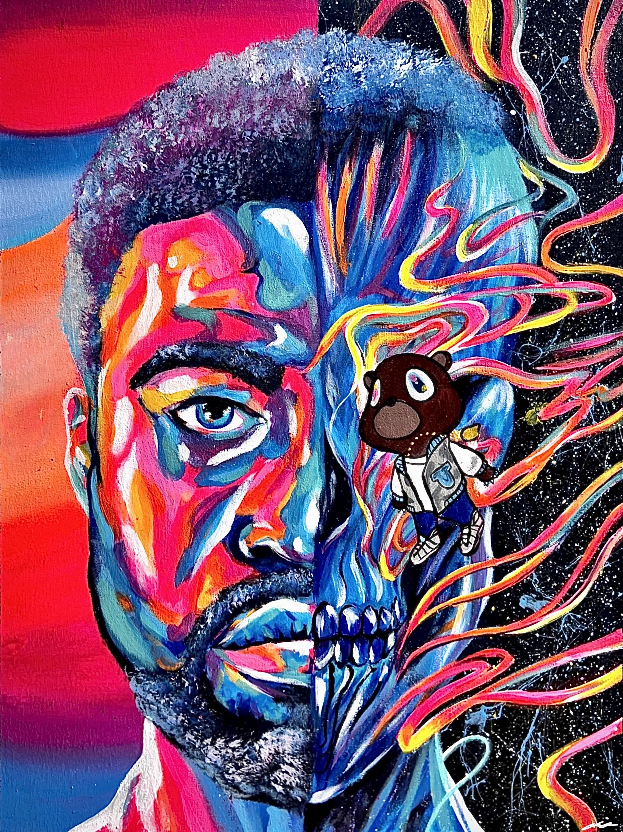 Colorful mural painting of a man's face, with half of the face depicted as a skull. The artwork uses vibrant colors, with swirling lines and abstract elements, featuring a small cartoon bear character wearing a jacket and sneakers, floating near the 
