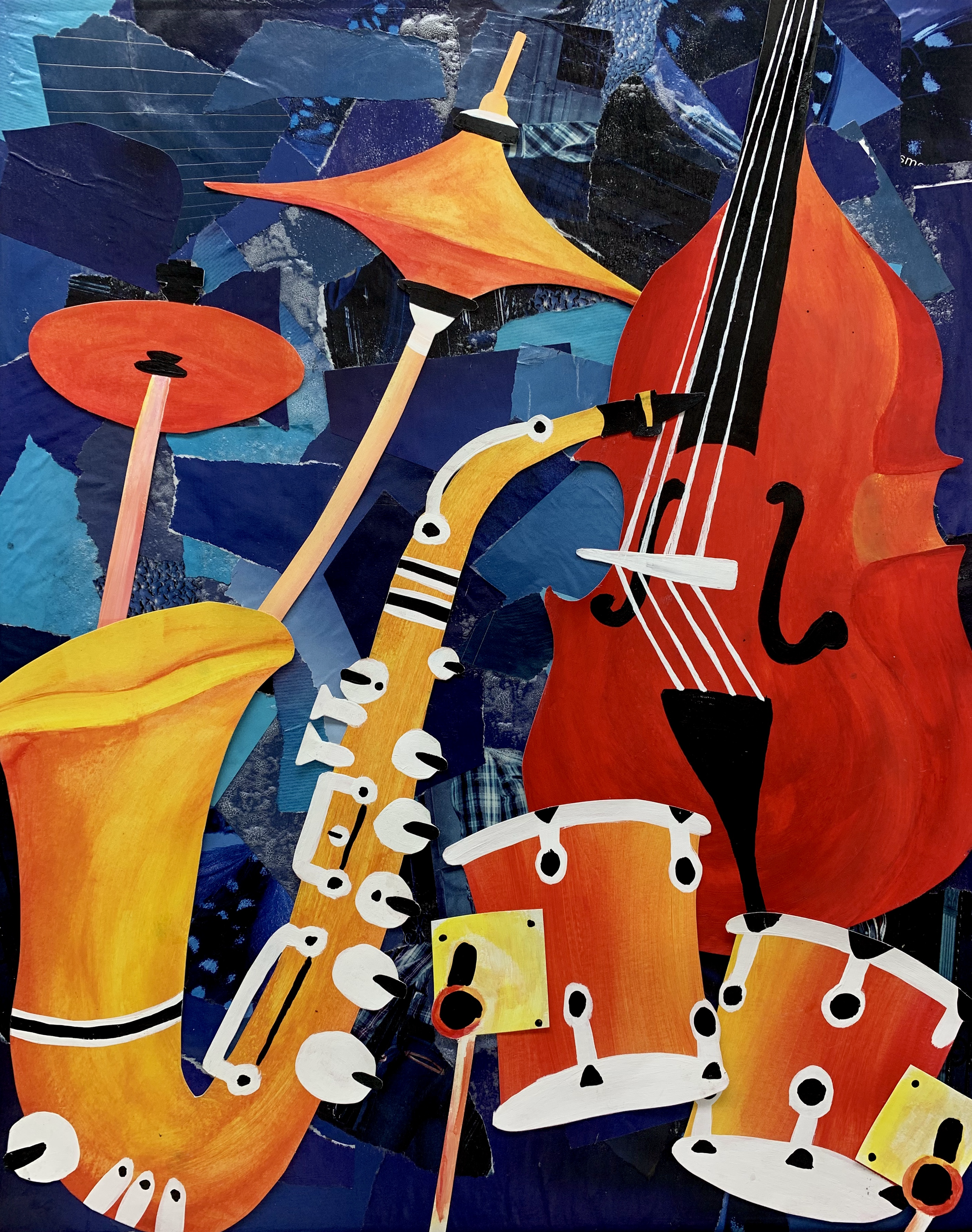 Abstract painting of musical instruments including a yellow saxophone, red double bass, orange drums, and cymbals against a blue textured background.