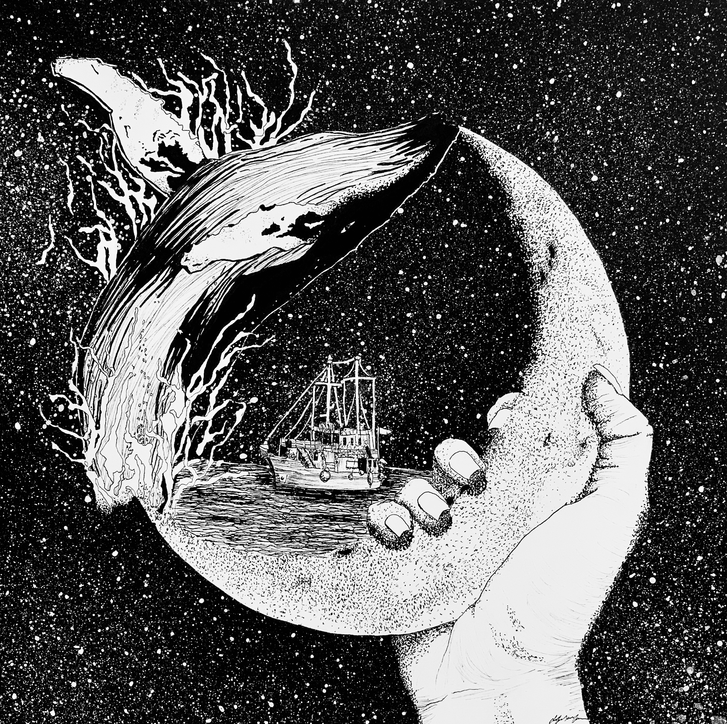 Black-and-white illustration of a hand holding a circular object with a sailing ship on water, a moon, and a tree with roots emerging from the top, against a starry background.