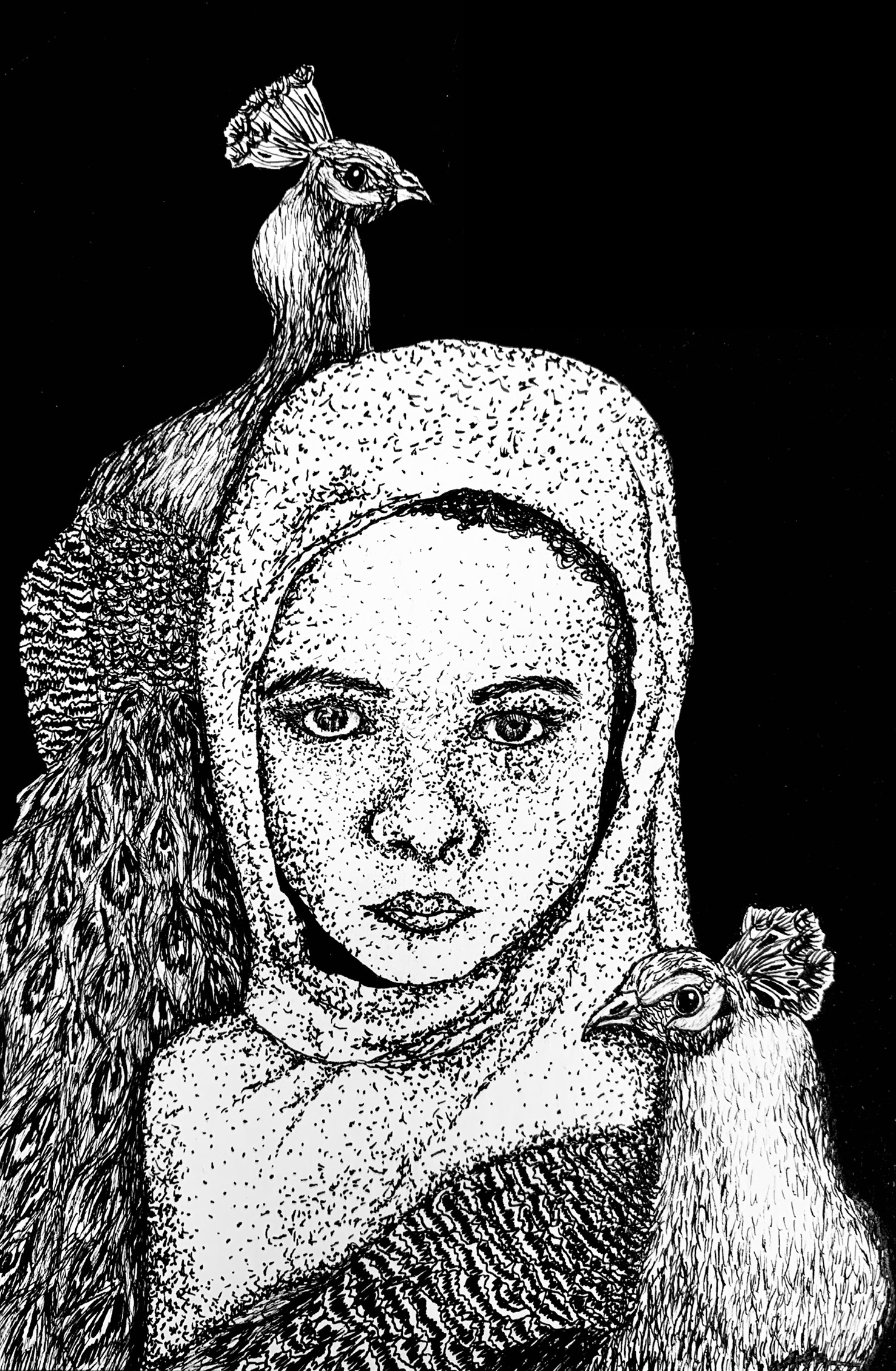 Black and white digital illustration of a woman wearing a headscarf, with two peacocks on her shoulders.
