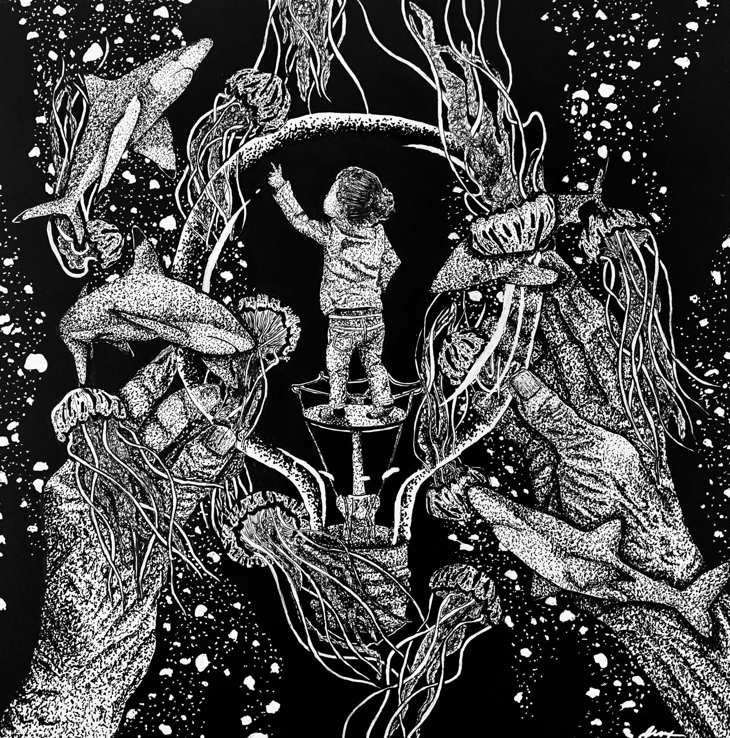 A black and white drawing of a young boy standing inside a light bulb, with his back to the viewer, reaching upward. Surrounding the light bulb are large hands holding what appears to be jellyfish, with tentacles extending into the space around them.