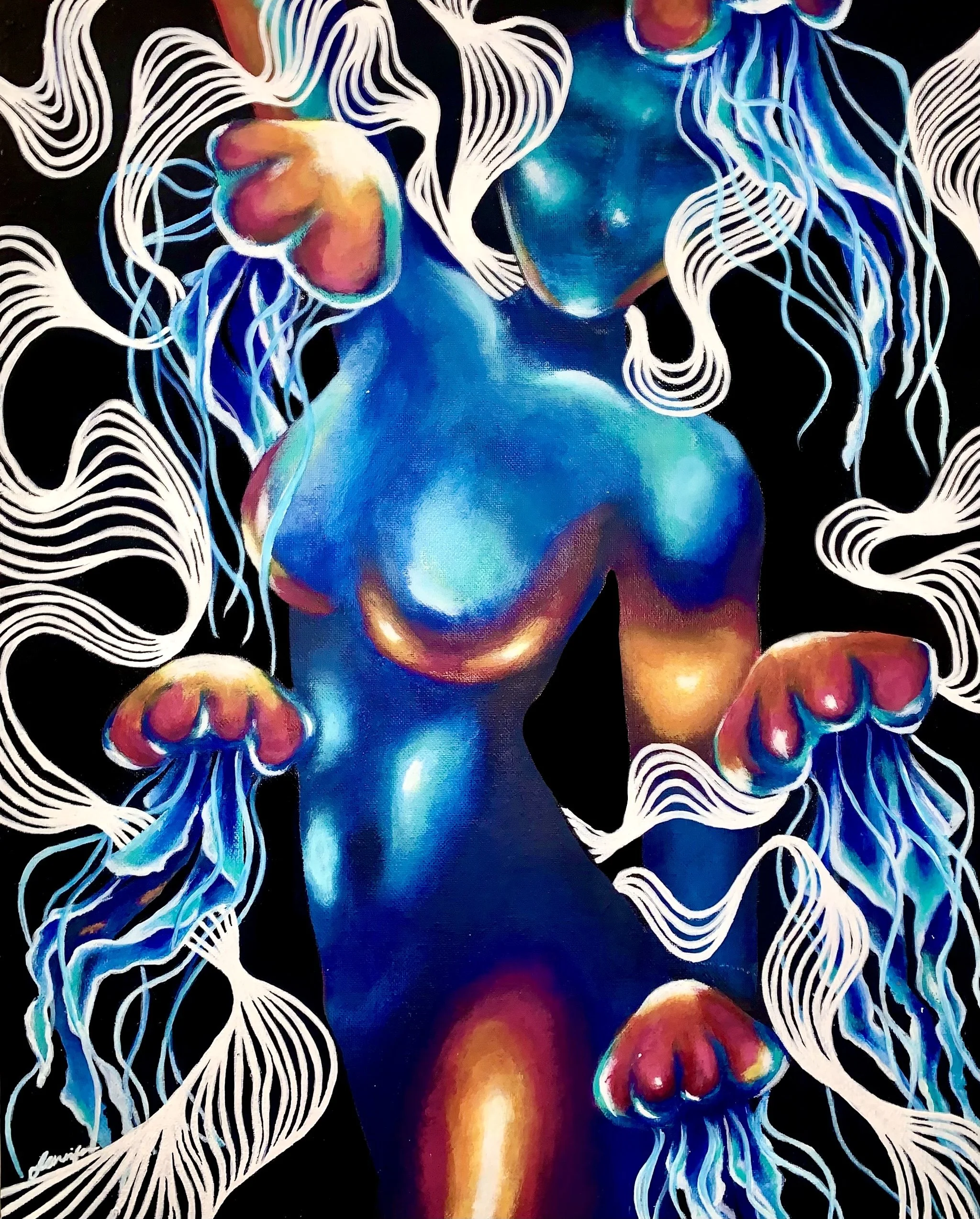 A vibrant painting of a female figure with hydra-like tentacles for hair, surrounded by glowing jellyfish, painted in neon colors on a black background.