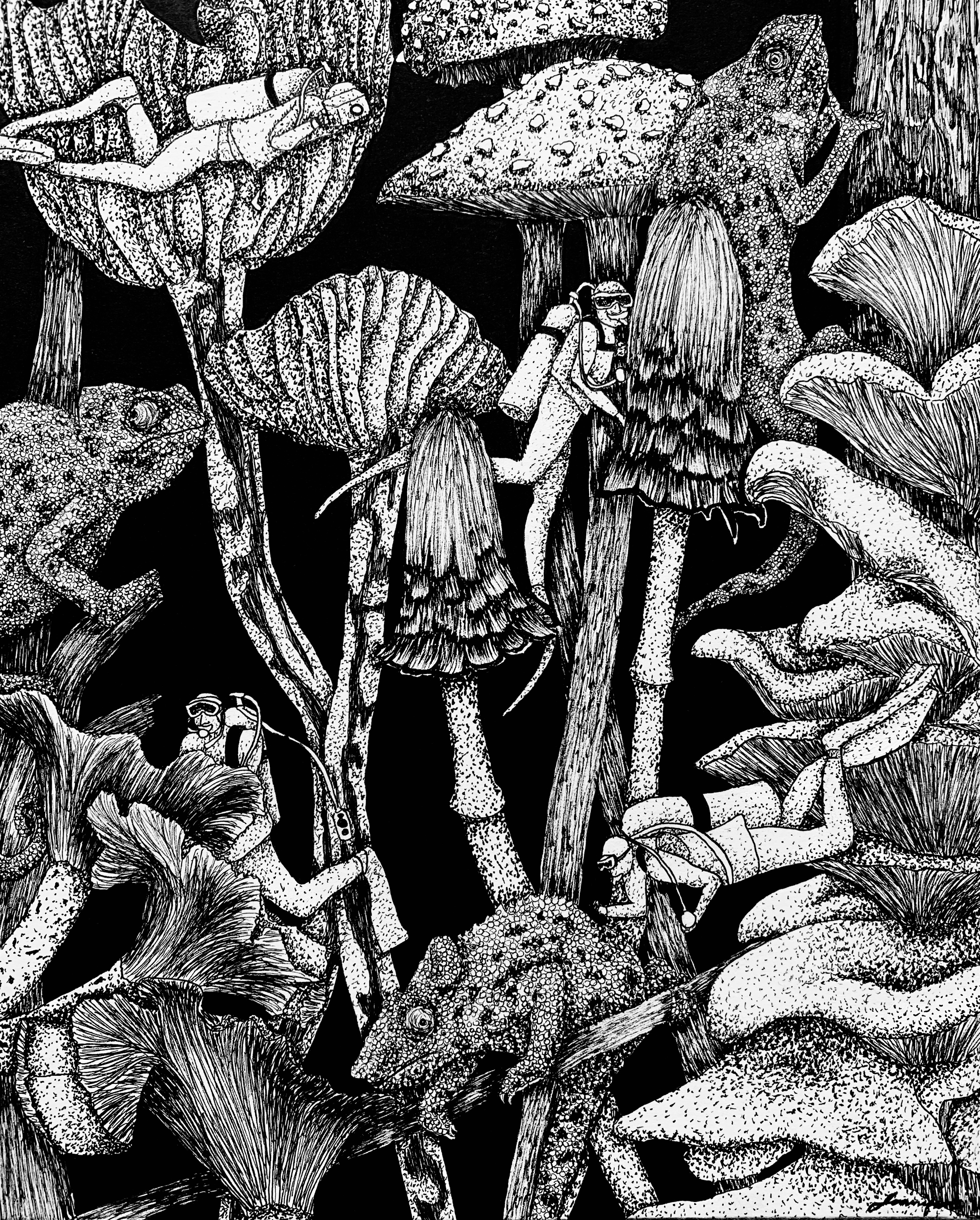 Black and white illustration of two people wearing scuba gear, exploring a dense jungle filled with large mushrooms and chameleons.