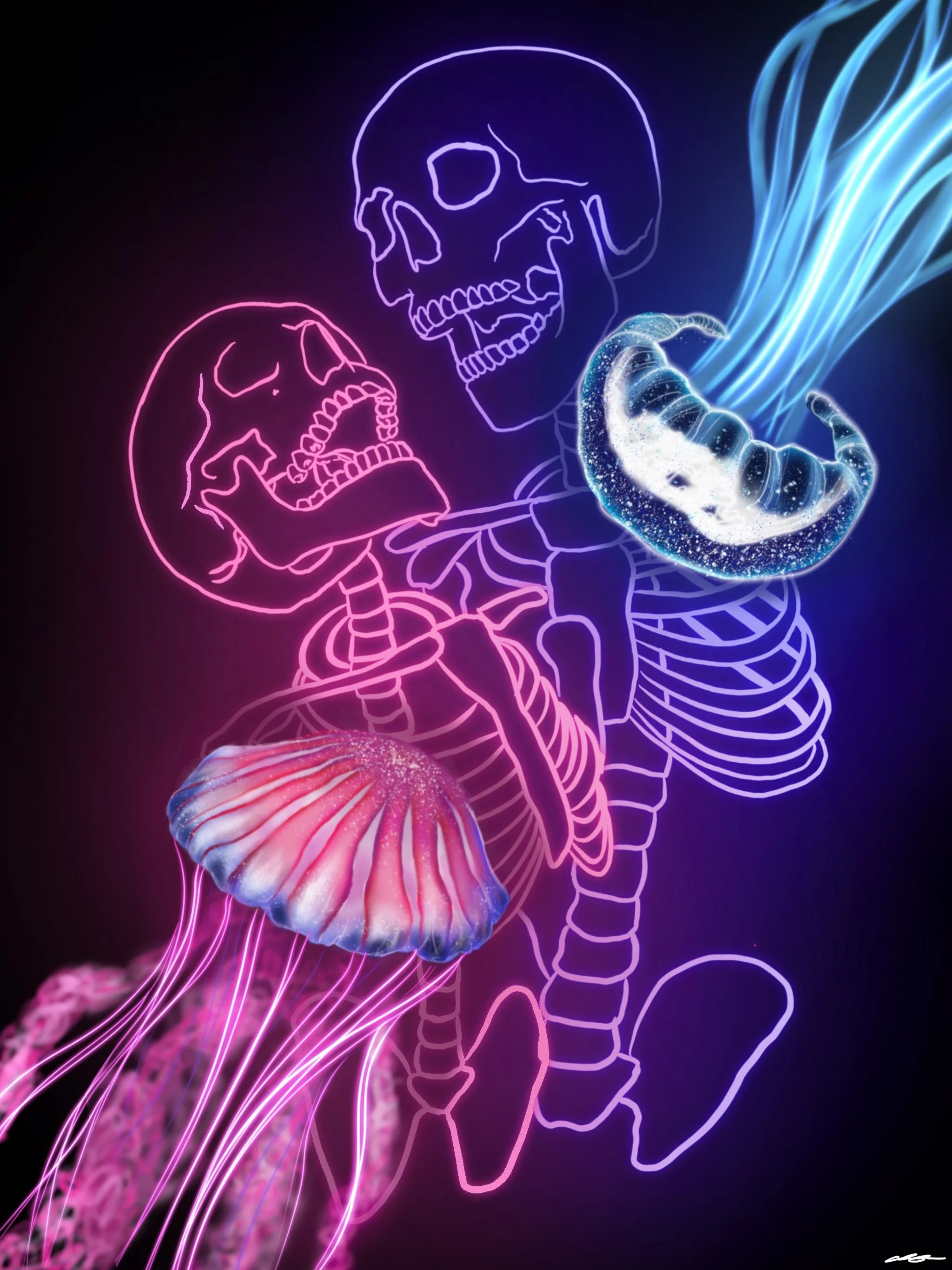 Neon-style illustration of human skeleton with glowing jellyfish in a dark background.
