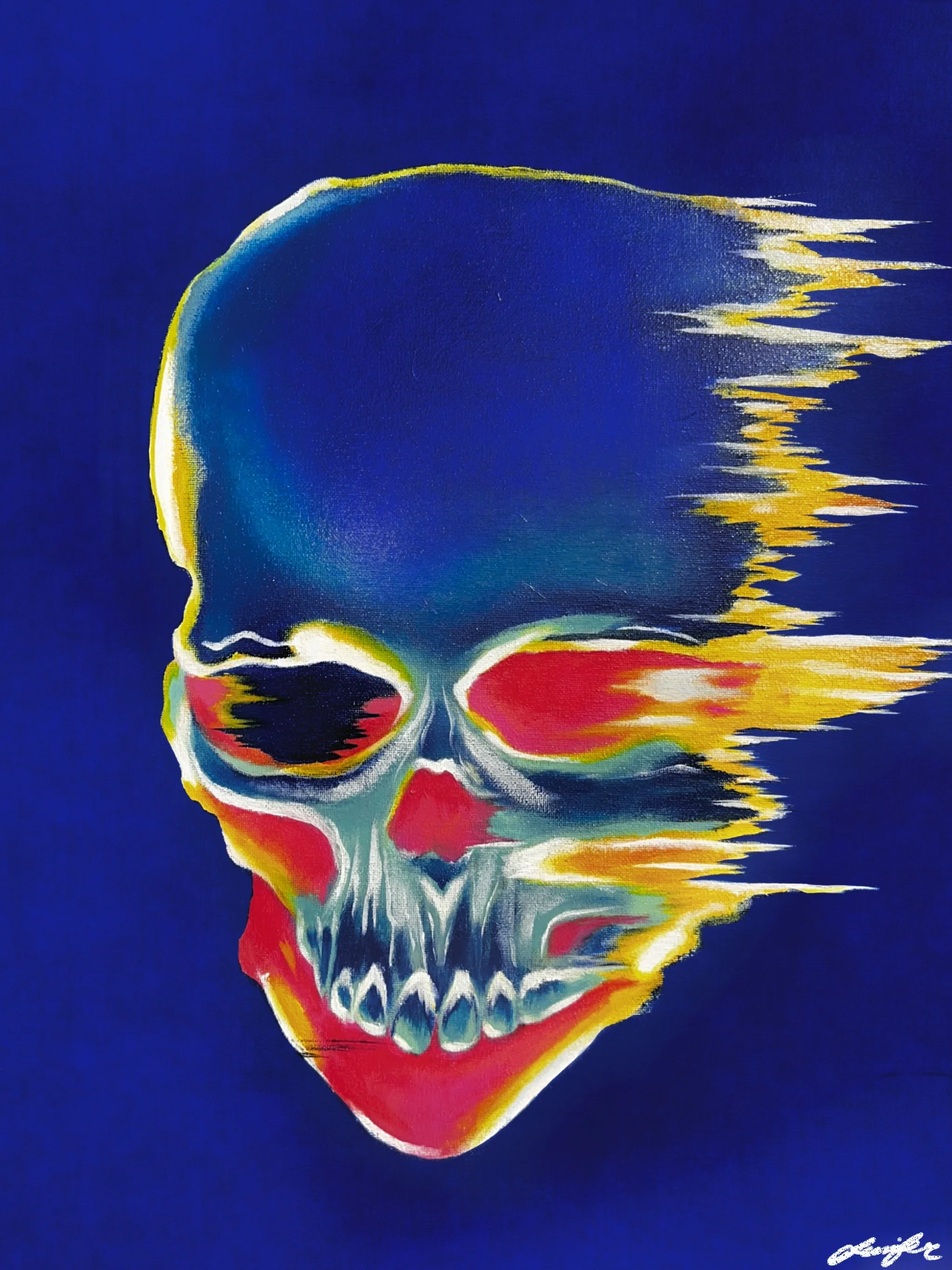 A colorful skull illustration with a blue background, featuring yellow, red, and green accents and a glitch effect.
