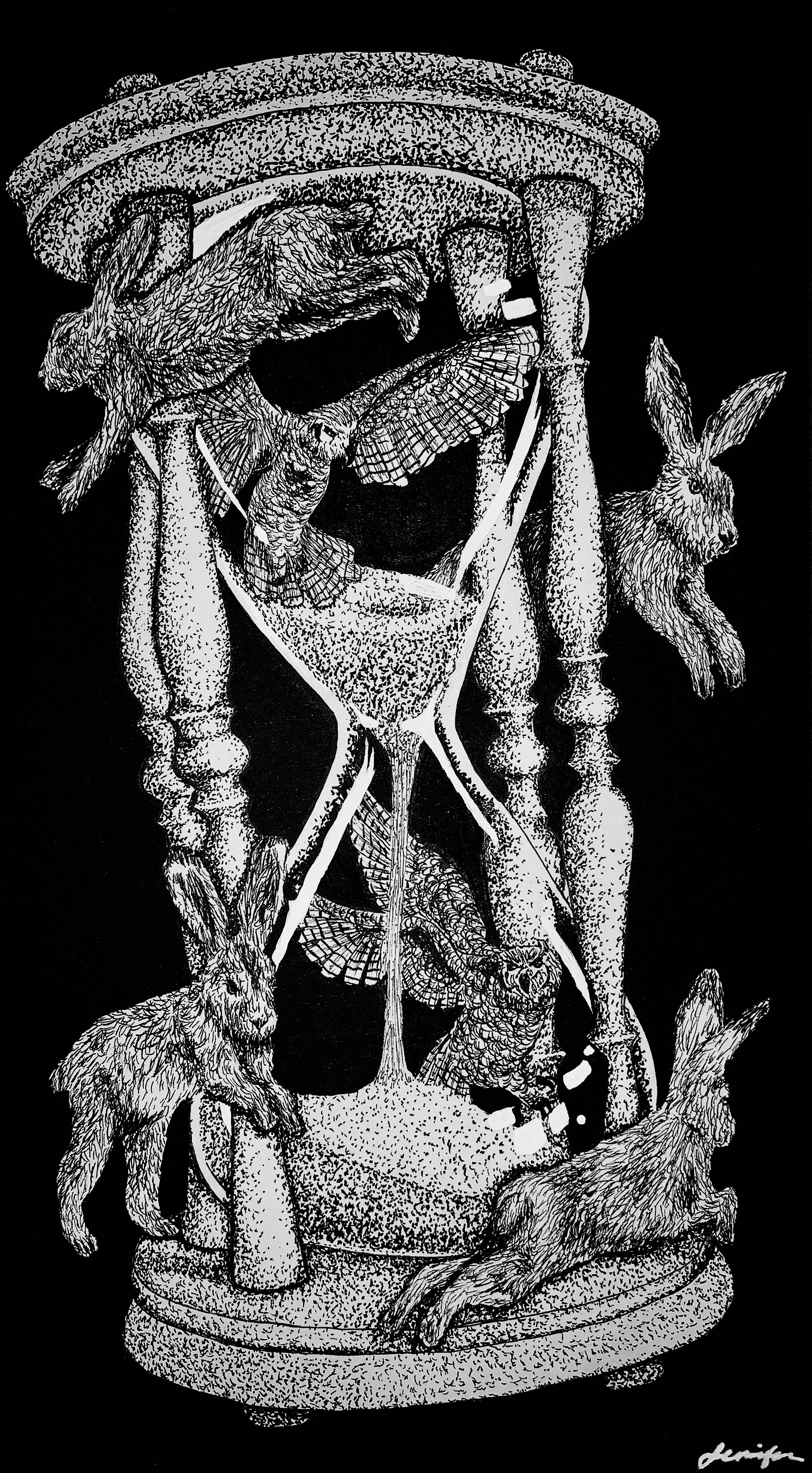 Black and white illustration of an hourglass with rabbits and birds surrounding and inside it, against a black background.