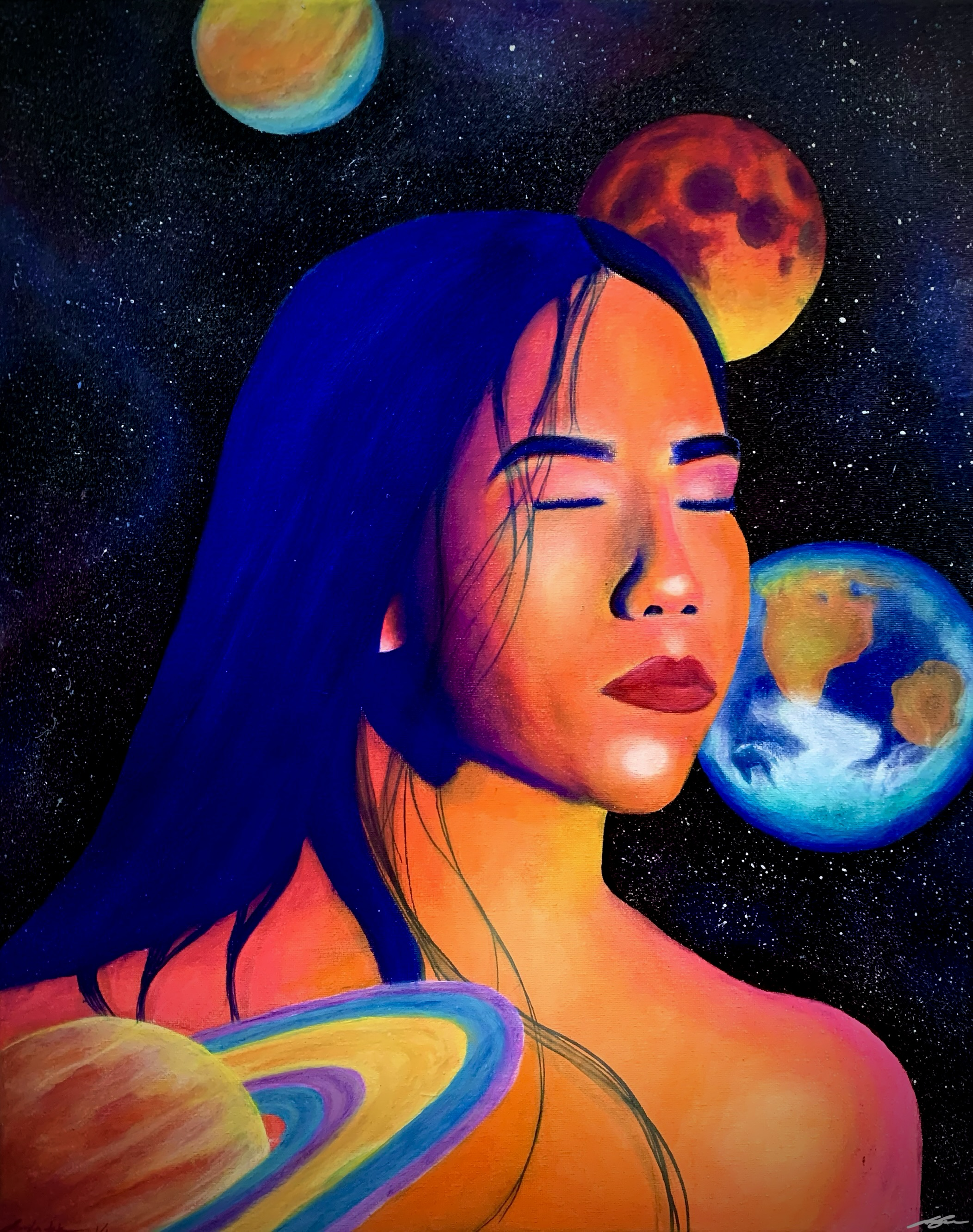 An artistic portrait of a woman with closed eyes and multicolored skin, surrounded by planets and stars in space.