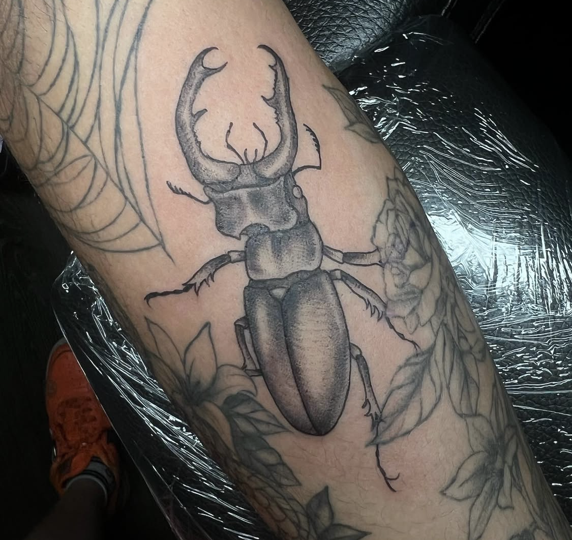 Black and gray tattoo of a stag beetle on a person's leg, surrounded by leaves and a flower.