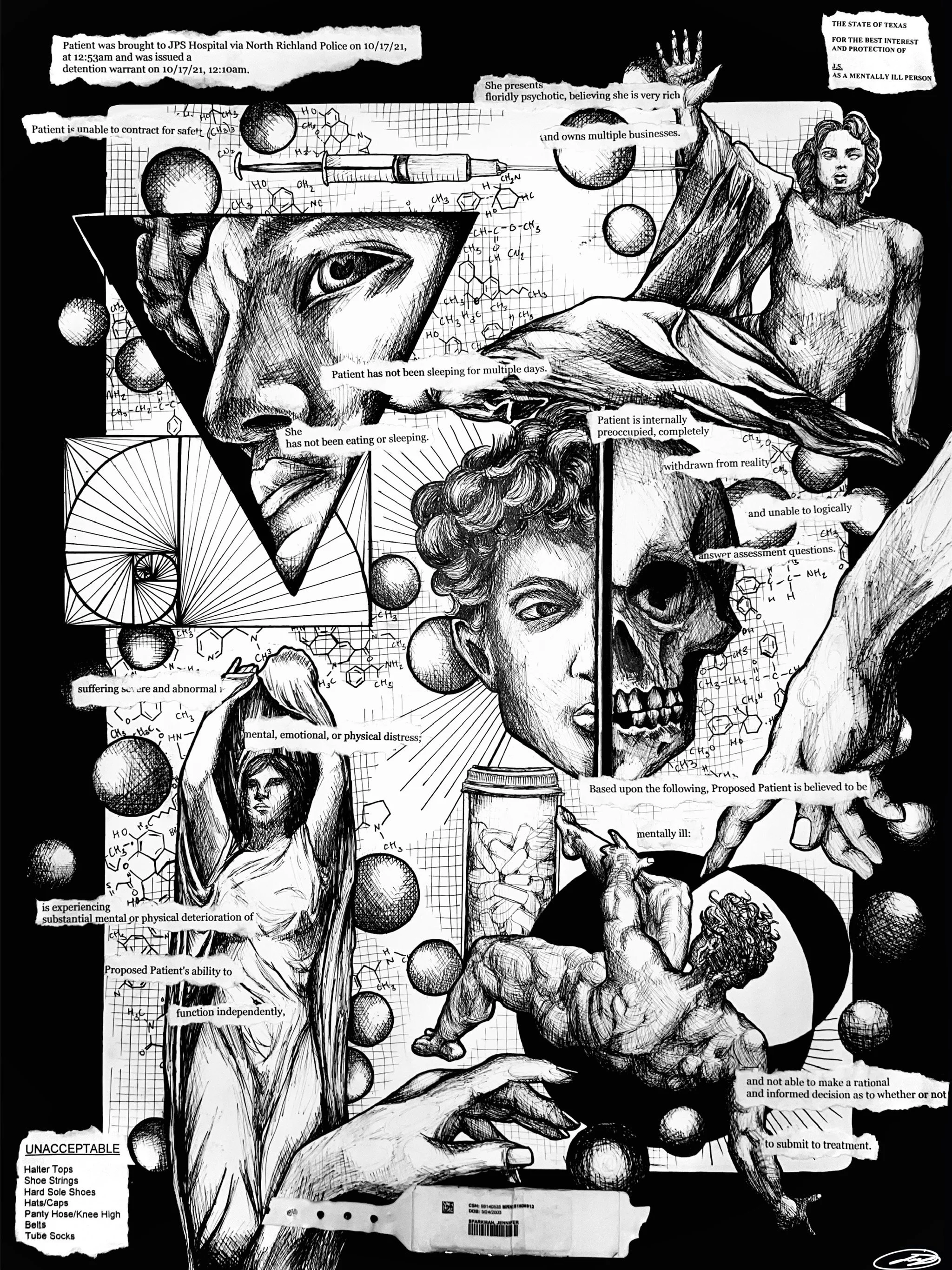 Collage of sketches including human faces, a skull, hands, a fetus, and scientific diagrams, with overlaid text describing medical or psychiatric diagnoses and patient assessments.