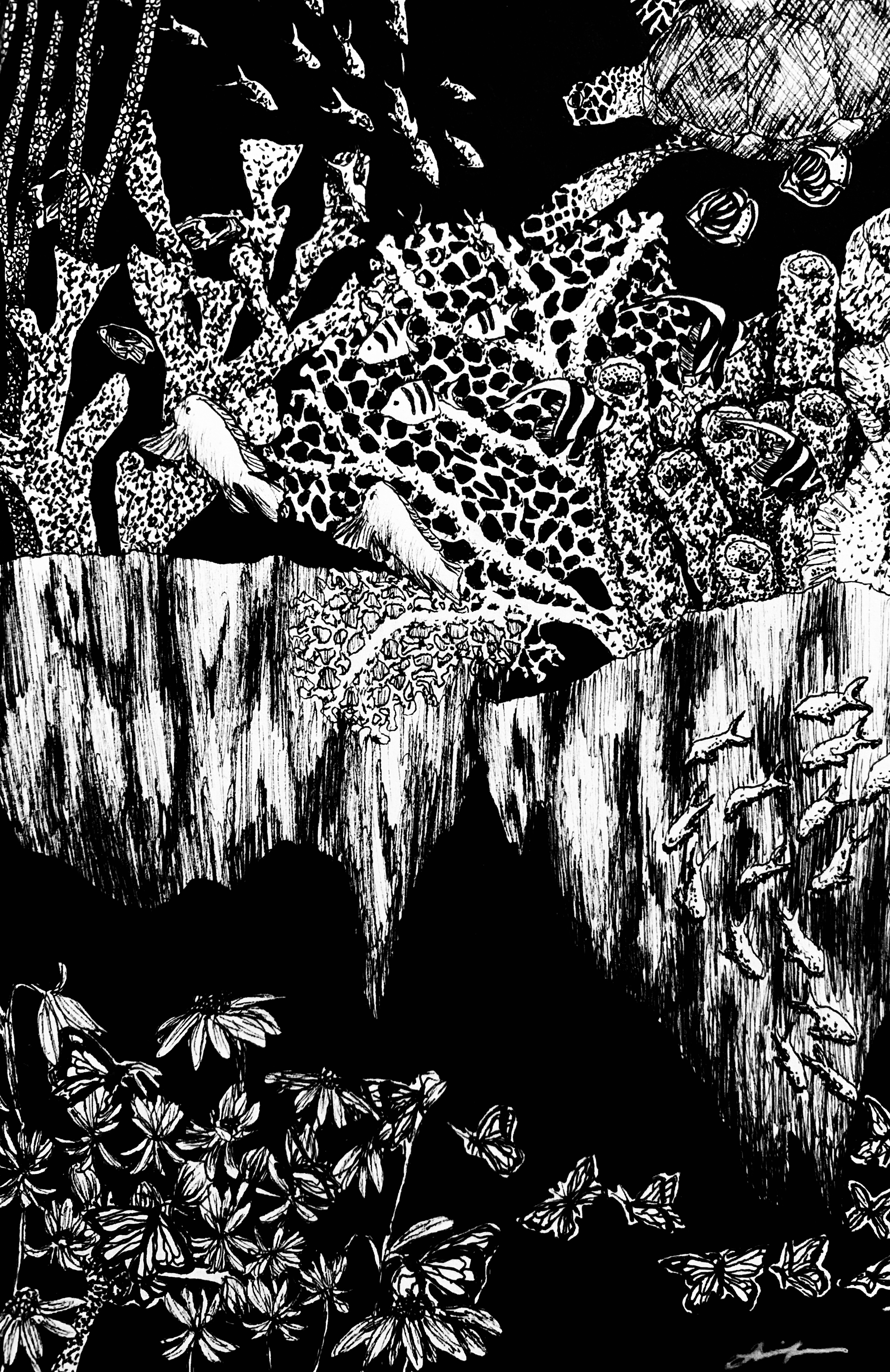 Black and white line art illustration of an underwater scene with a whale, various fish, coral, and sea creatures.