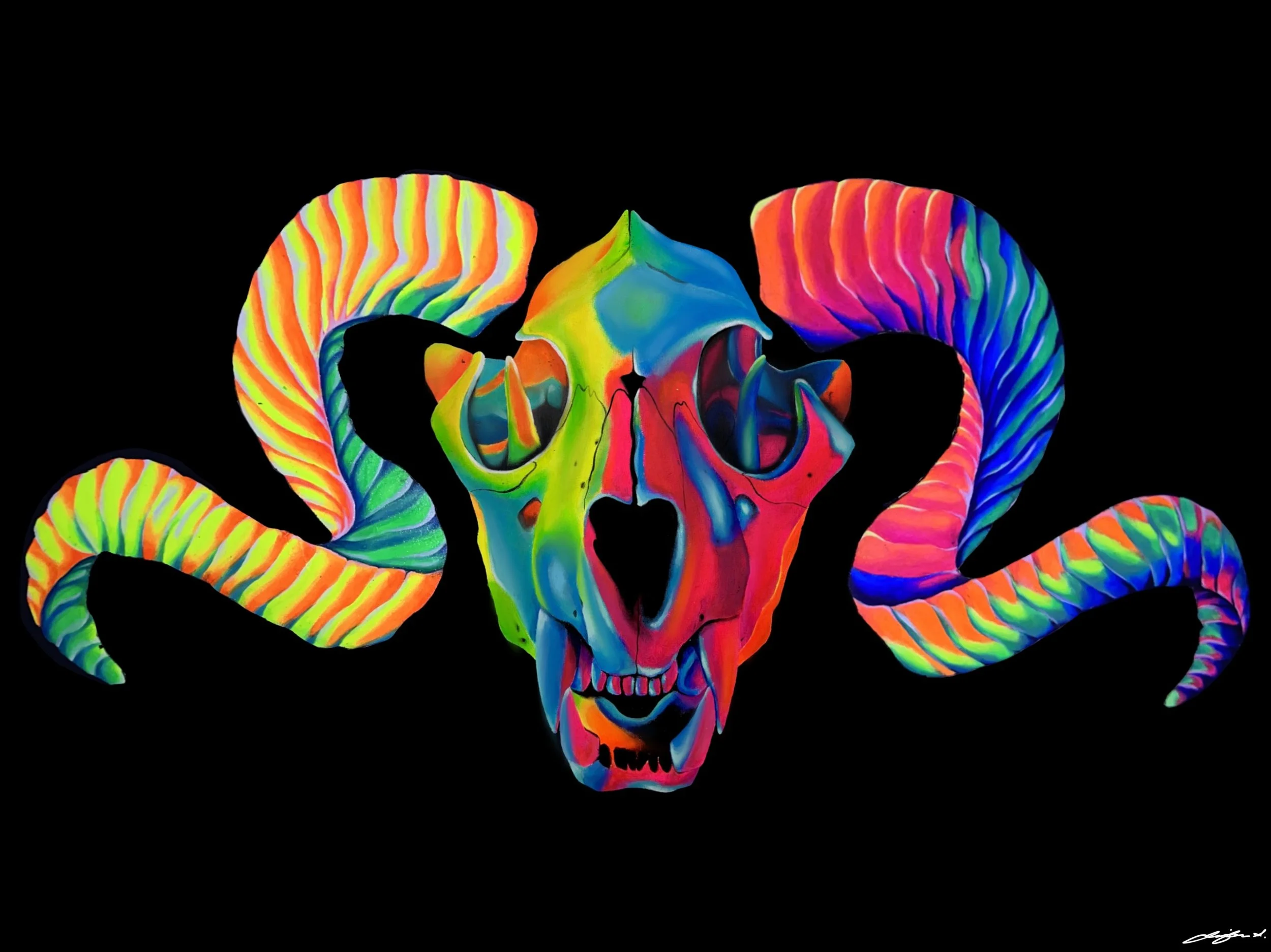 Colorful neon-style illustration of a ram skull with large, curled horns against a black background.