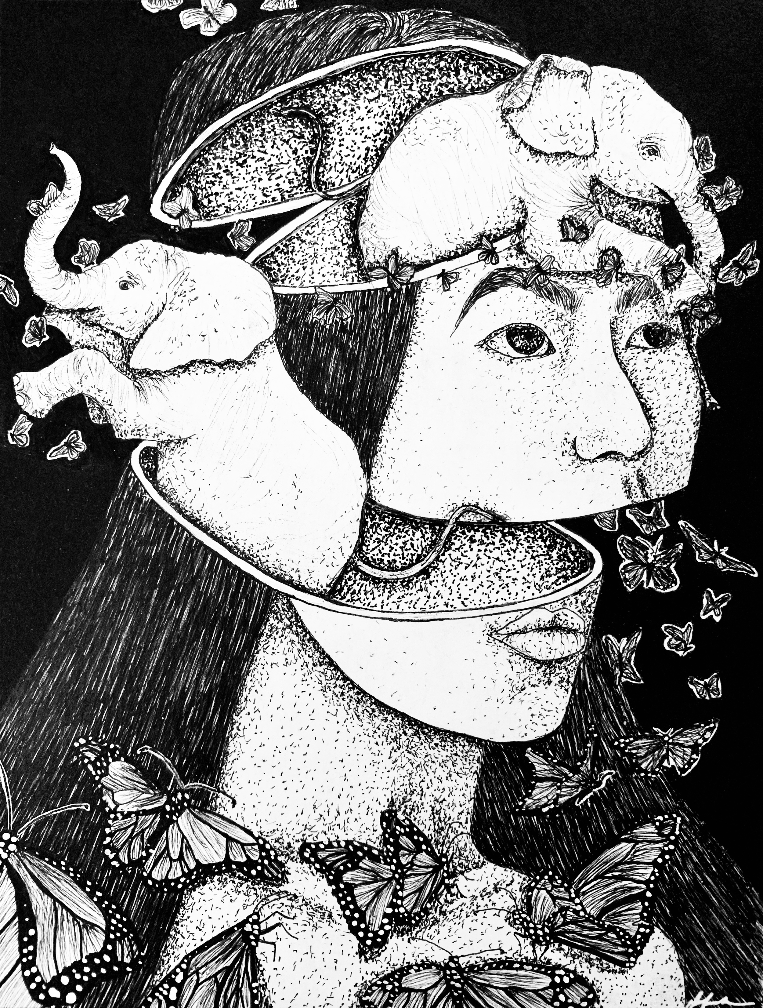 Black and white illustration of a woman's face with butterflies and elephants integrated into her hair and head, creating a surreal, artistic composition.