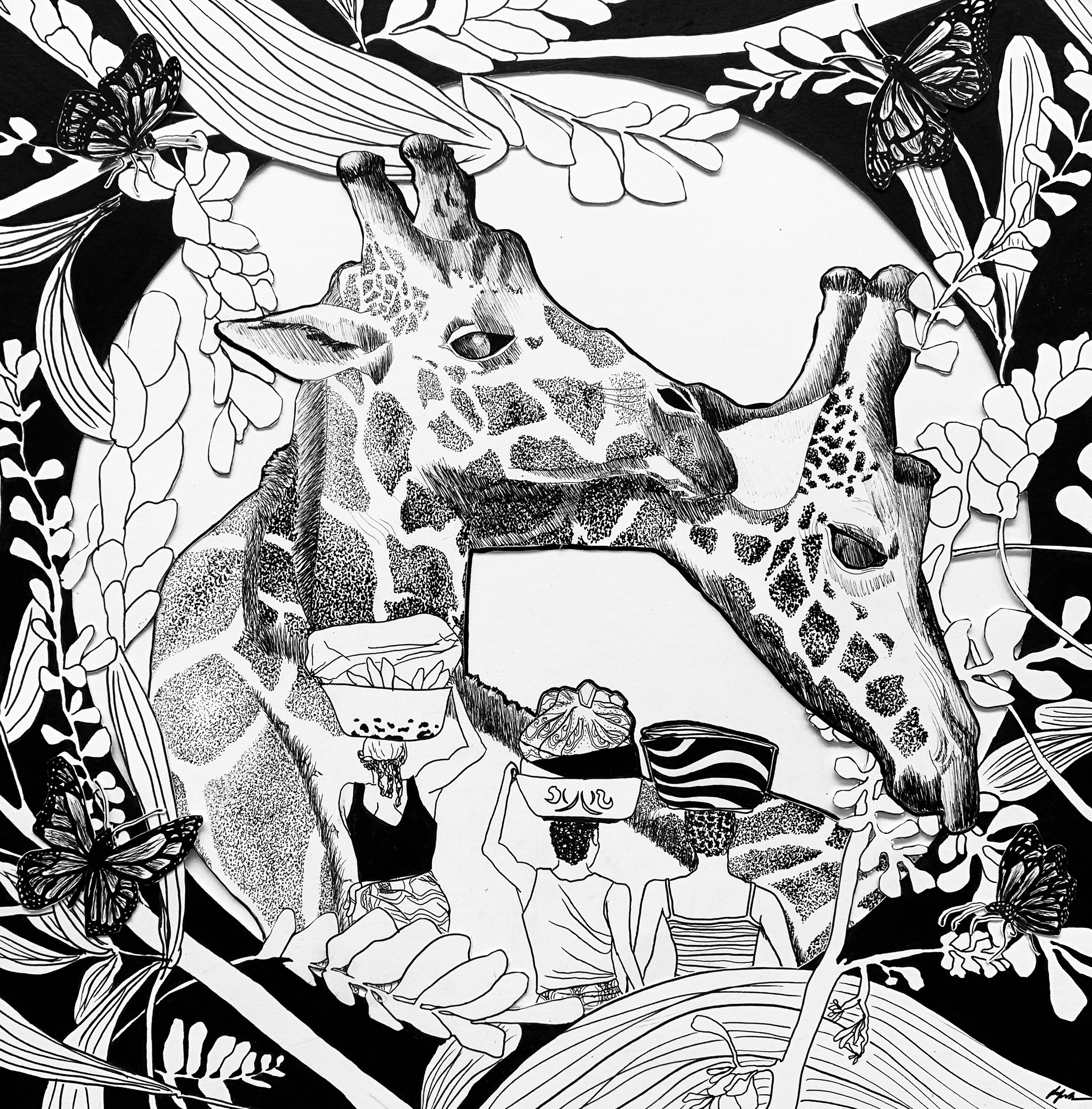 Black and white illustration of three people carrying bowls on their heads among large giraffe heads and jungle foliage, butterflies, and leaves.