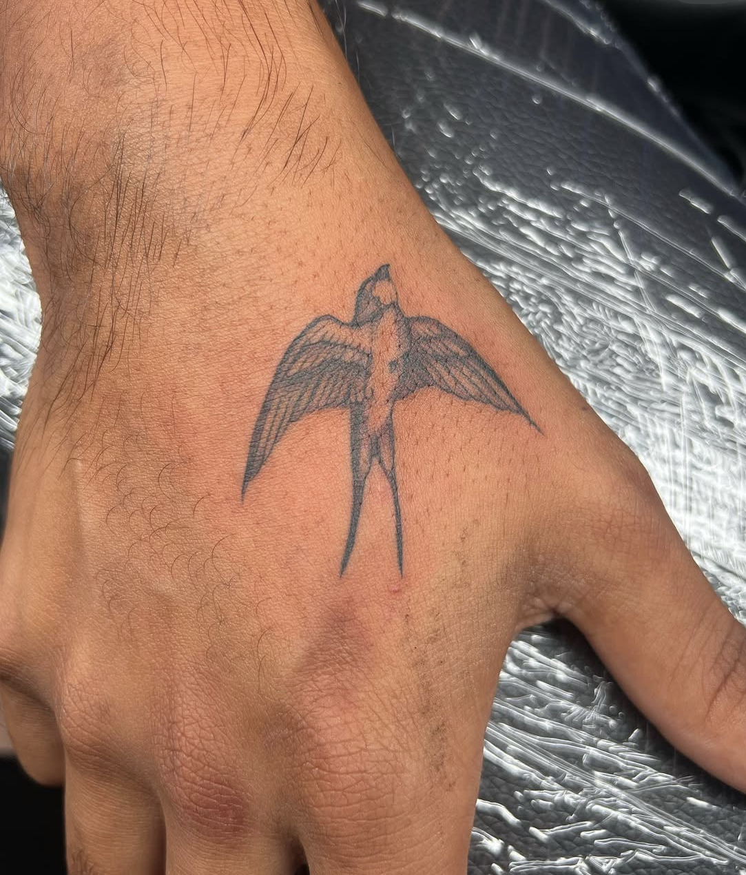 A tattoo of a bird with outstretched wings and a long tail on the side of a person's hand.