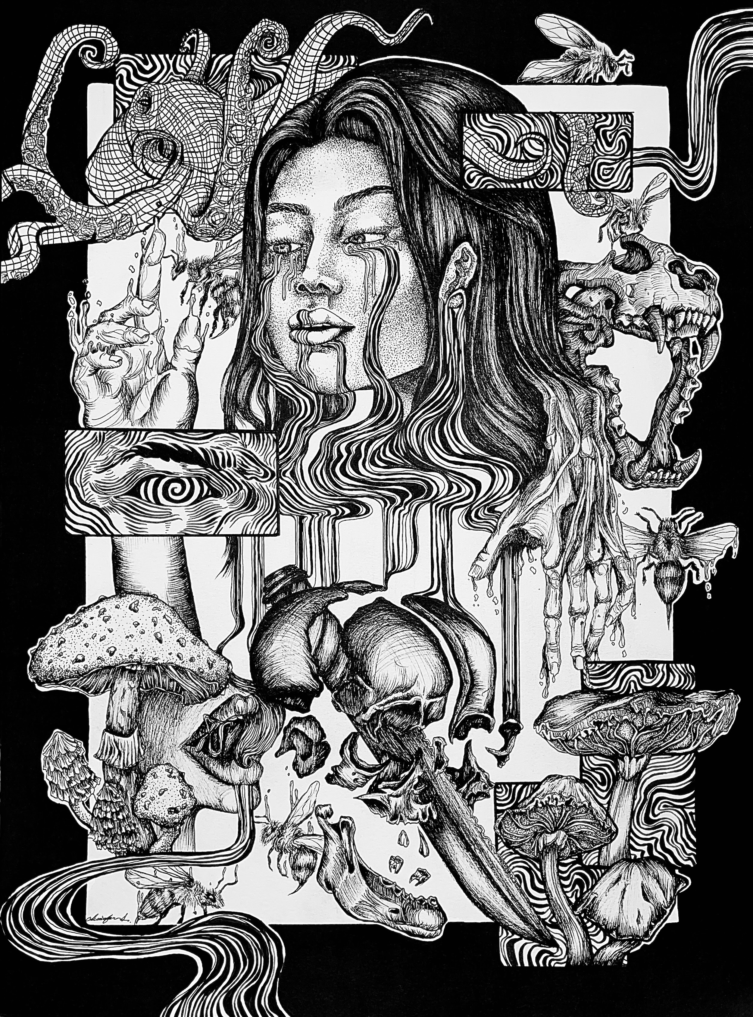 Black and white surreal illustration featuring a woman's face with long hair, sci-fi elements, and various fungi, insects, and abstract patterns surrounding her.