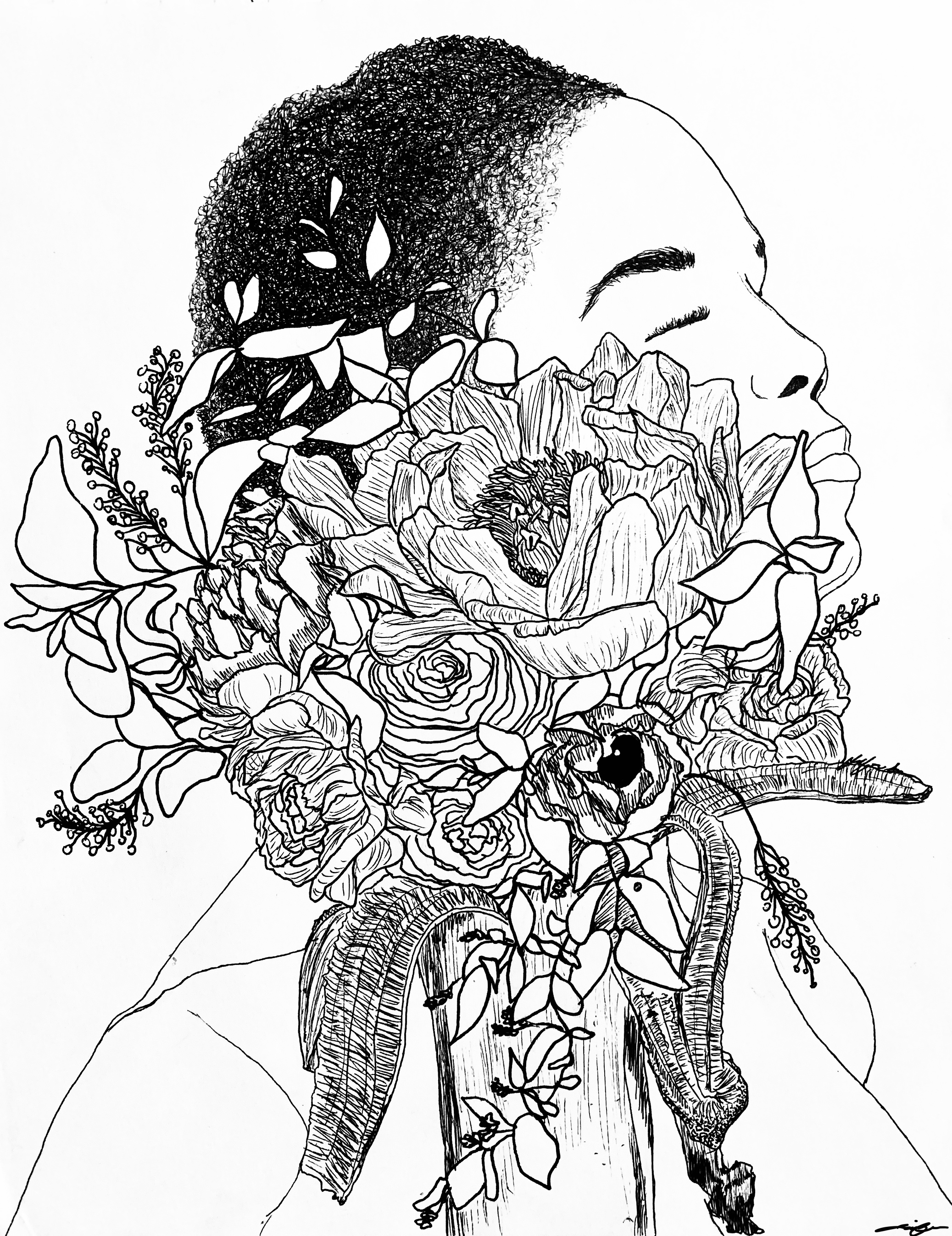 A black and white drawing of a woman with her eyes closed, surrounded by and holding a bouquet of detailed flowers, leaves, and a snake resting on her shoulder.