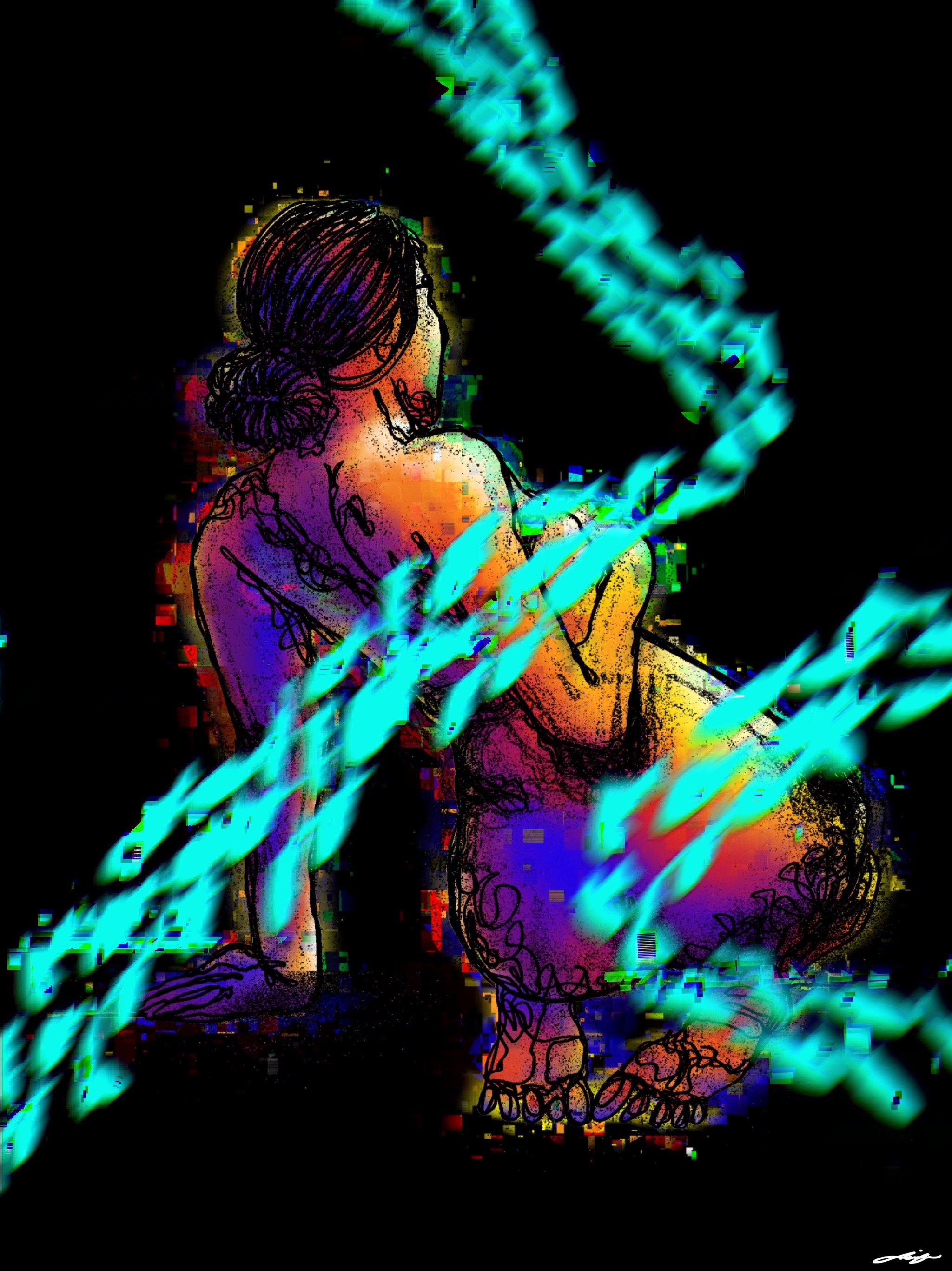 Digital artwork of a woman with her hair tied back, sitting with her back facing the viewer, surrounded by rainbow-colored light beams and abstract digital effects, against a black background.