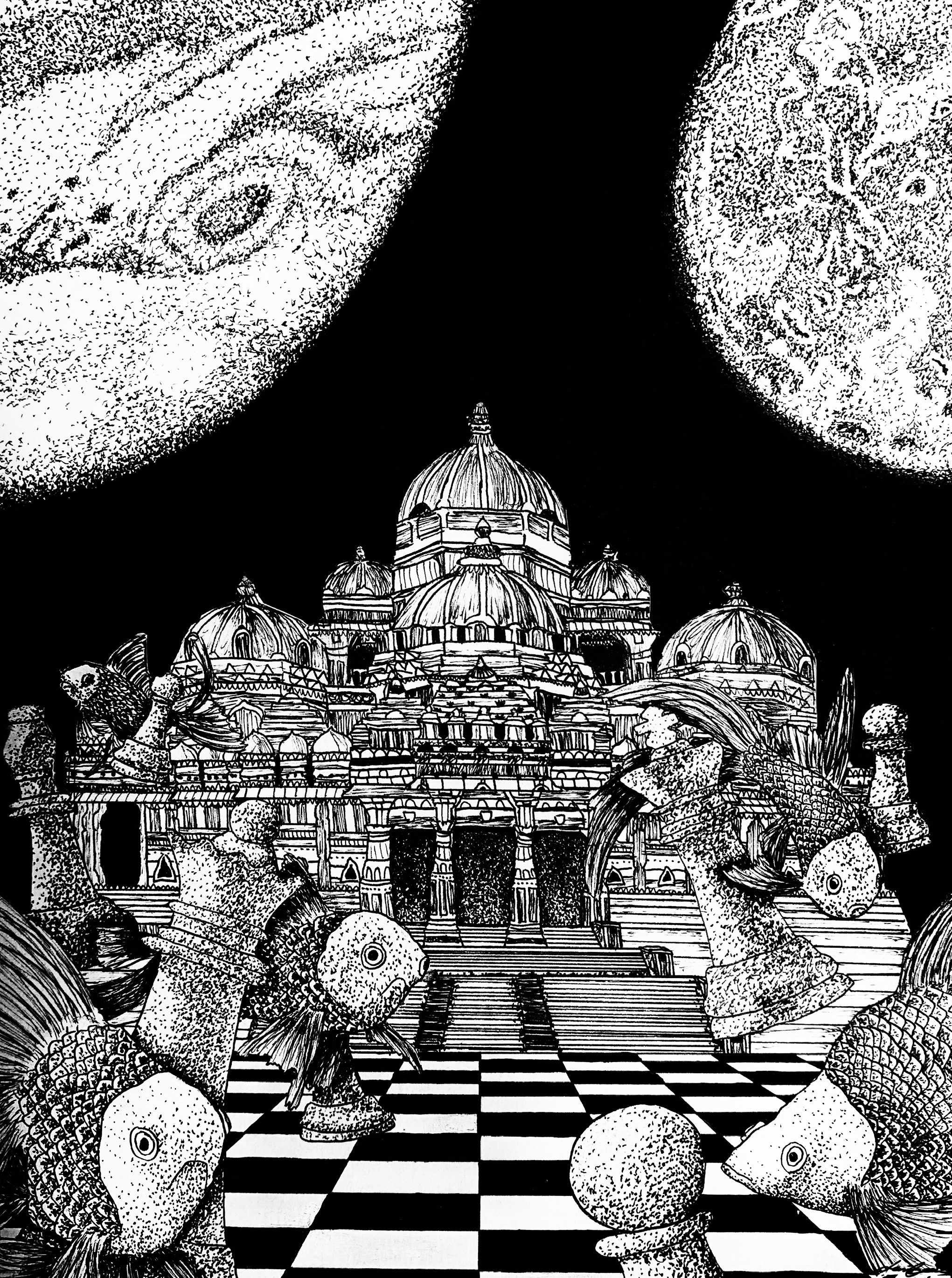 A black and white drawing of a palace with domes, surrounded by fish heads with chess pieces or balls on their heads, on a checkered floor with a dark sky in the background.