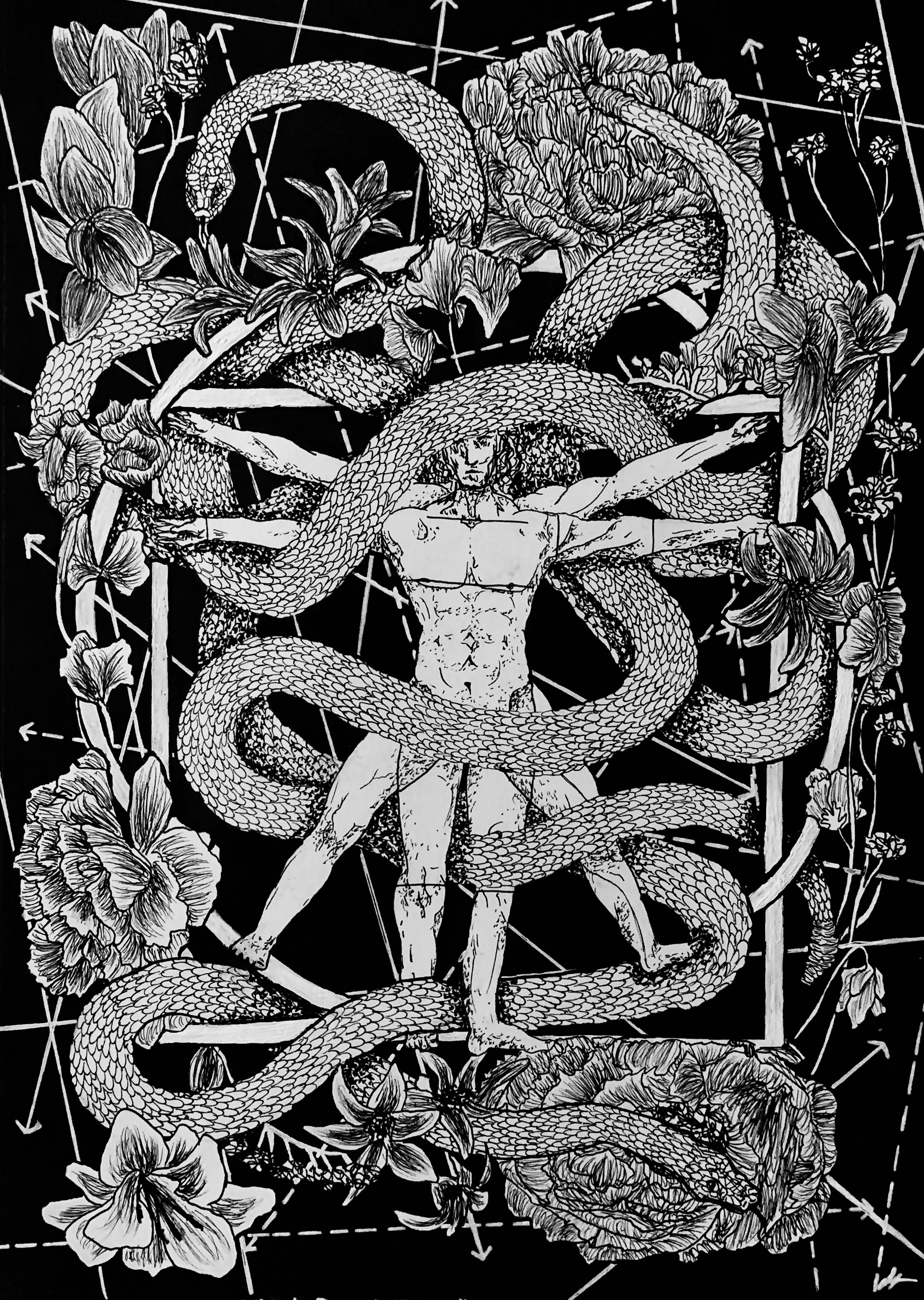 A black and white illustration featuring a muscular male figure with long hair, surrounded and intertwined by a large snake, along with flowers and geometric lines and arrows in the background.