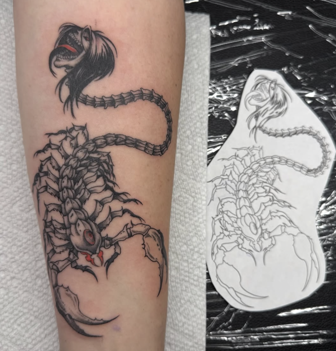 A tattoo of a sinister scorpion with a dragon head on a person's arm, with detailed black and gray shading and red accents in the eyes and mouth.