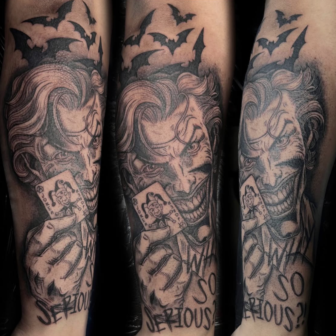 Tattoo of the Joker holding a Joker playing card, with bats flying above and the words 'So Serious?' written below.
