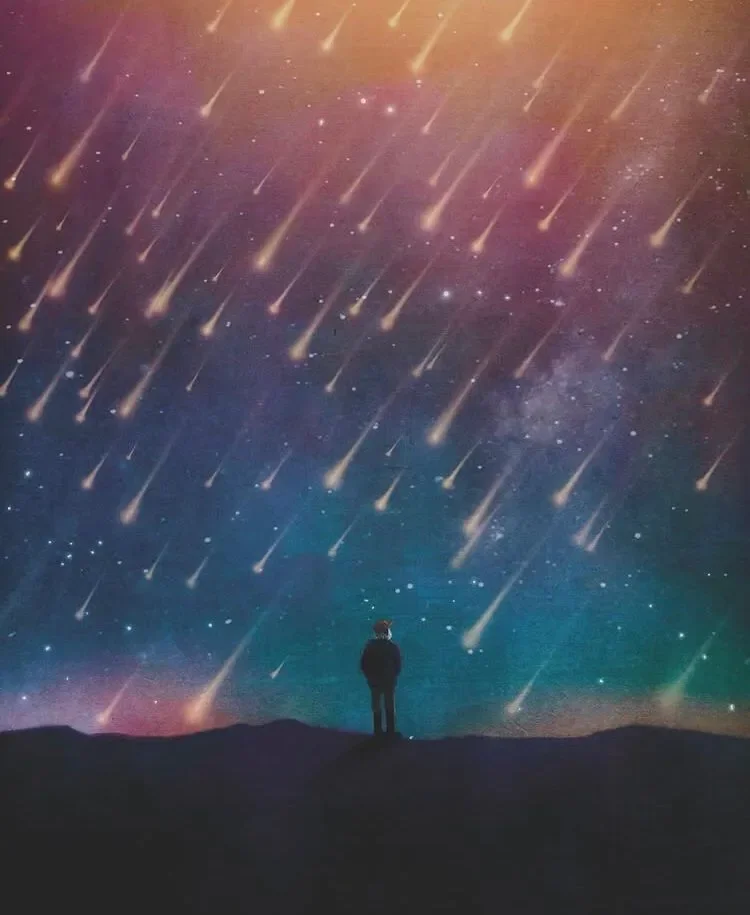 Artwork depicting a person standing on a hill watching a night sky filled with numerous shooting stars and a colorful, cloudy galaxy background.