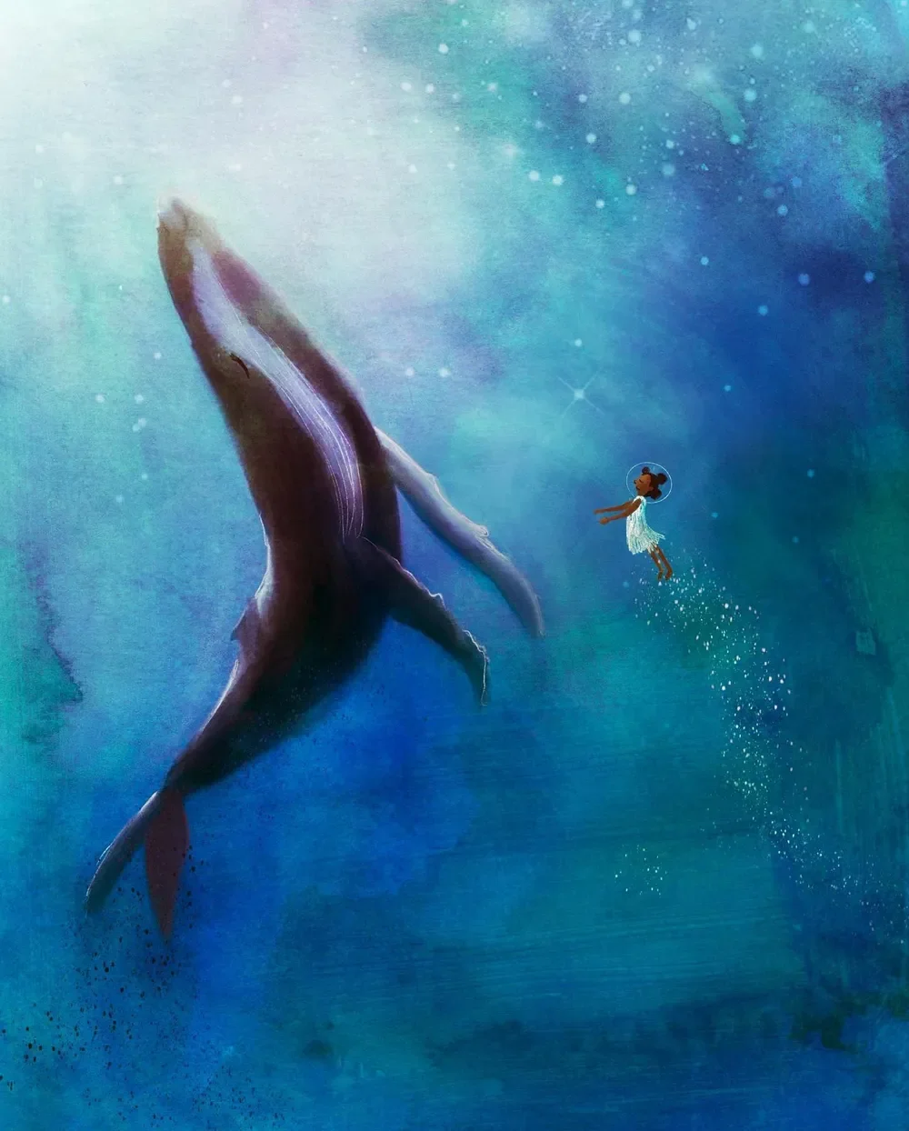 Artwork depicting a large whale breaching underwater near a small girl in a white dress who is floating up towards it.