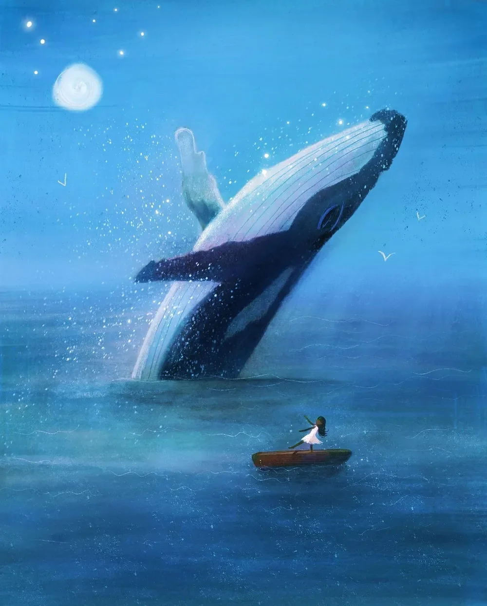 Artwork depicting a whale breaching the ocean surface with a girl on a small boat nearby, under a night sky with a bright moon and stars.