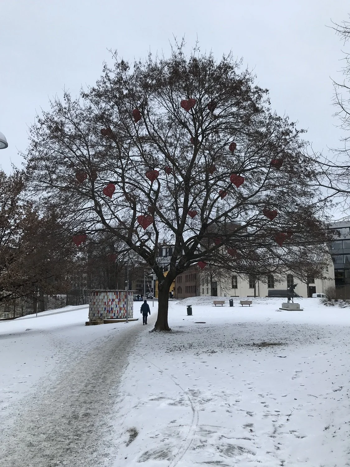 Snowy park with tree and red heart ornaments