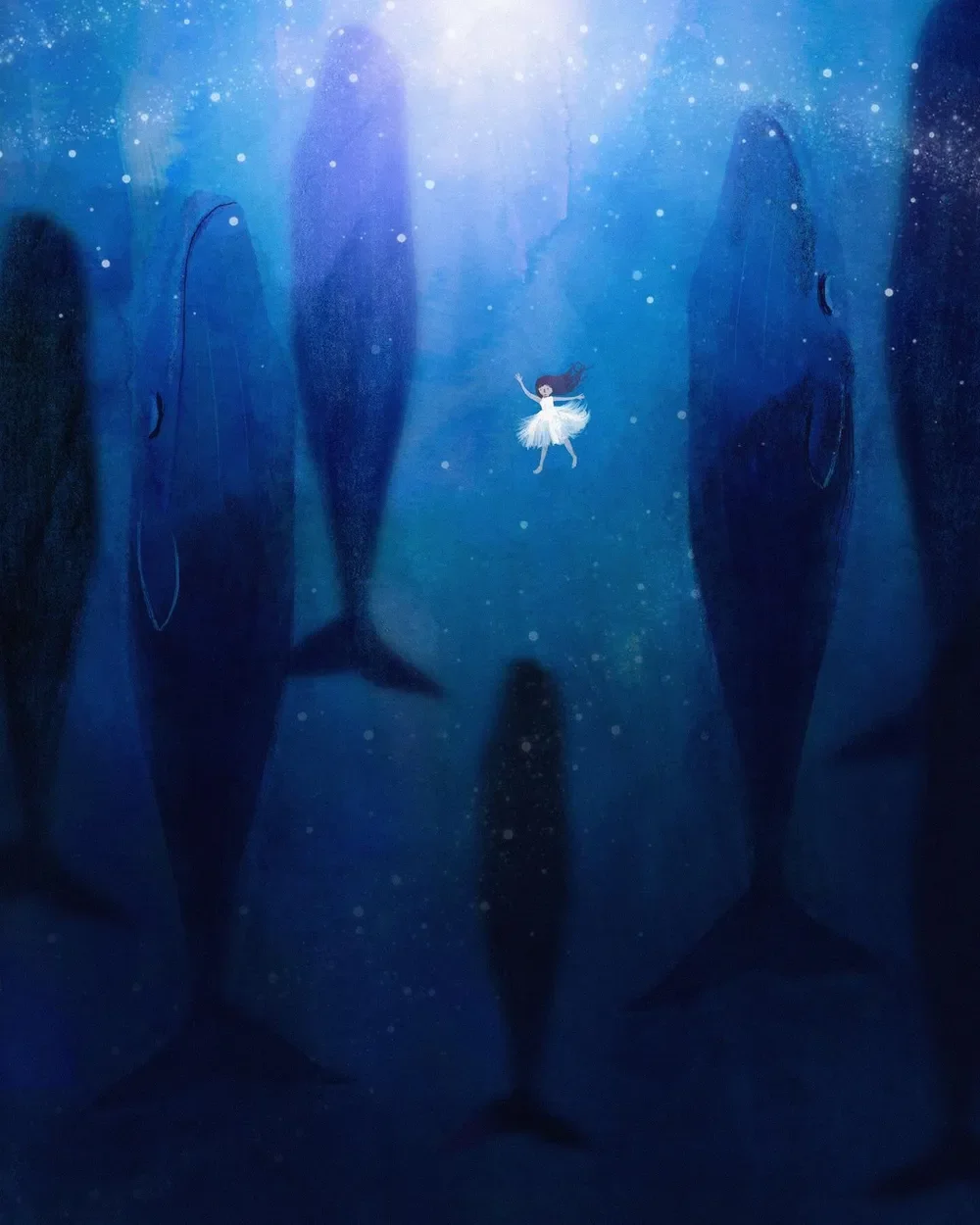 Artwork depicting a girl in a white dress floating underwater surrounded by large whales in a deep blue ocean.
