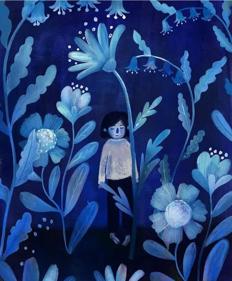 Artwork depicting a girl with dark hair and closed eyes among large blue flowers and leaves, with a dark blue background.