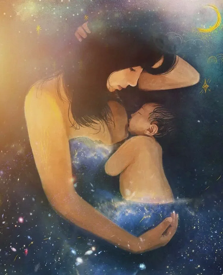Artwork depicting a woman and a baby, with a cosmic background of stars and galaxies.