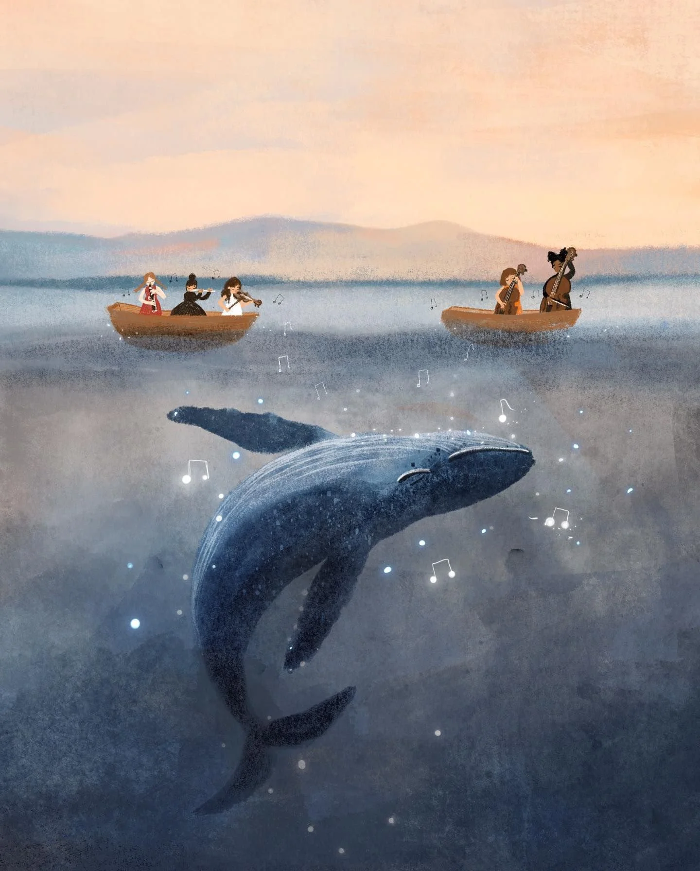 Artwork depicting a whale swimming underwater with musical notes around it, as three boats with people playing musical instruments float on the water above.