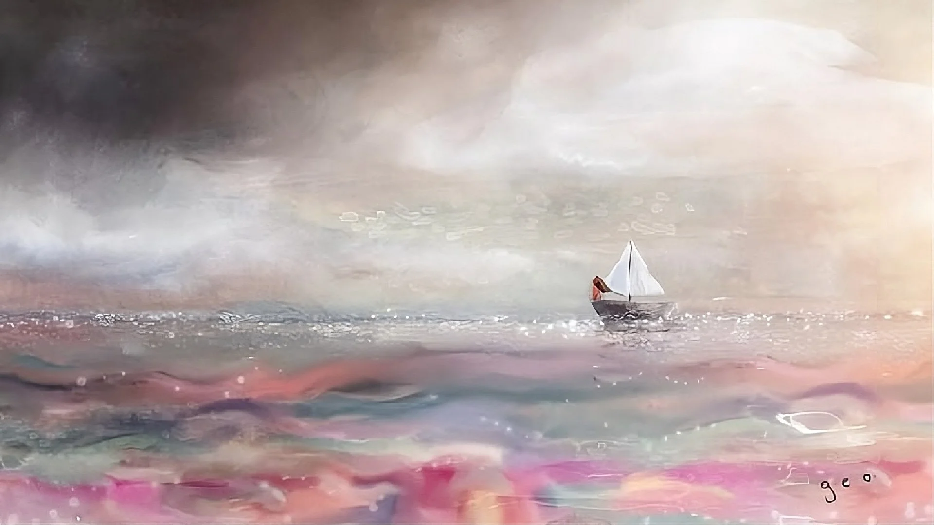 Artwork depicting a person on board sailing on an ocean under dark and cloudy sky, with reflective, colorful water in the foreground.