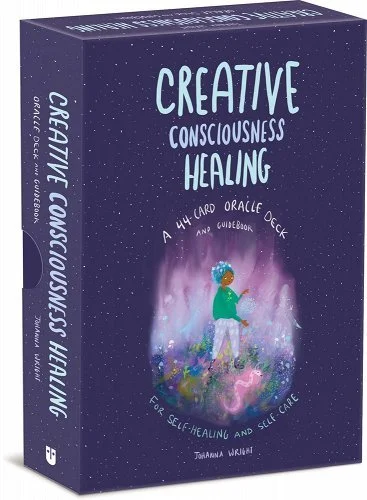 Boxed deck titled "Creative Consciousness Healing: A 44 Card Oracle Deck and Guidebook" featuring a person in green with blue hair surrounded by colorful, swirling light on a dark starry background.