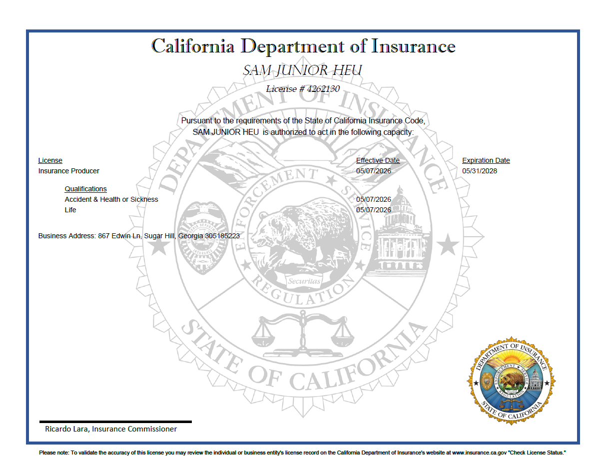 California Department of Insurance license certificate with a gold seal and a watermark of the department's emblem in the background.