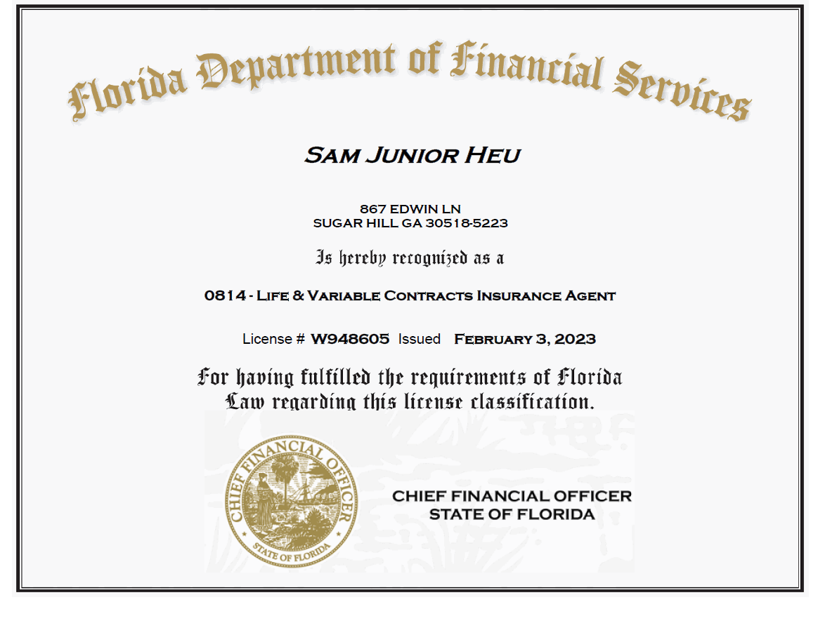 Florida Department of Financial Services certificate recognizing Sam Junior Heu as a licensed Life & Variable Contracts Insurance Agent, issued February 3, 2023, with the official seal and signature of the Chief Financial Officer of Florida.